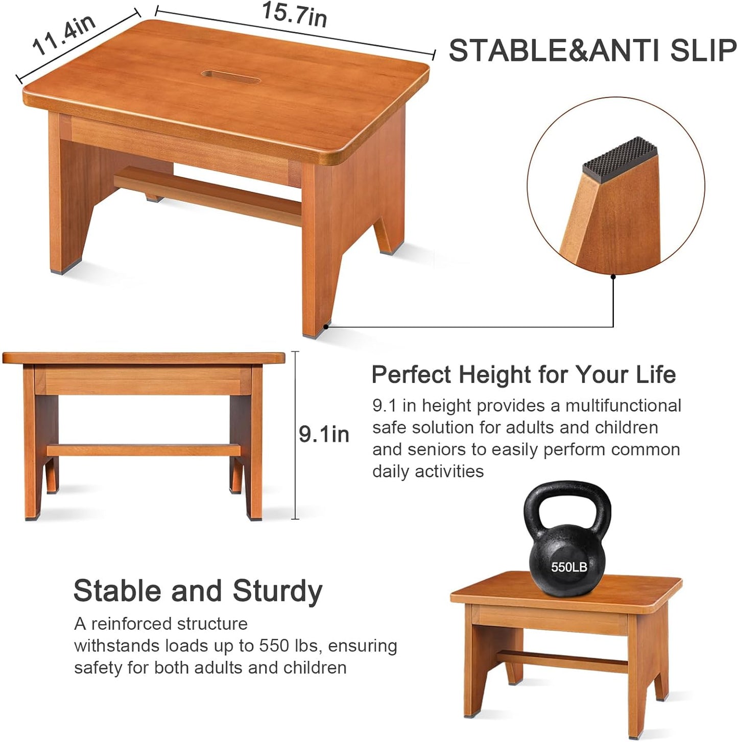 Wooden Step Stool for Adults,9.1''High One Step Stool for High Bed/Kitchen Riser,550 Lbs Beside Step Stool for Elderly Kids-Sturdy/Durable Footstool,Nonslip Stepping Stool for Bedroom/Kitchen/Bathroom