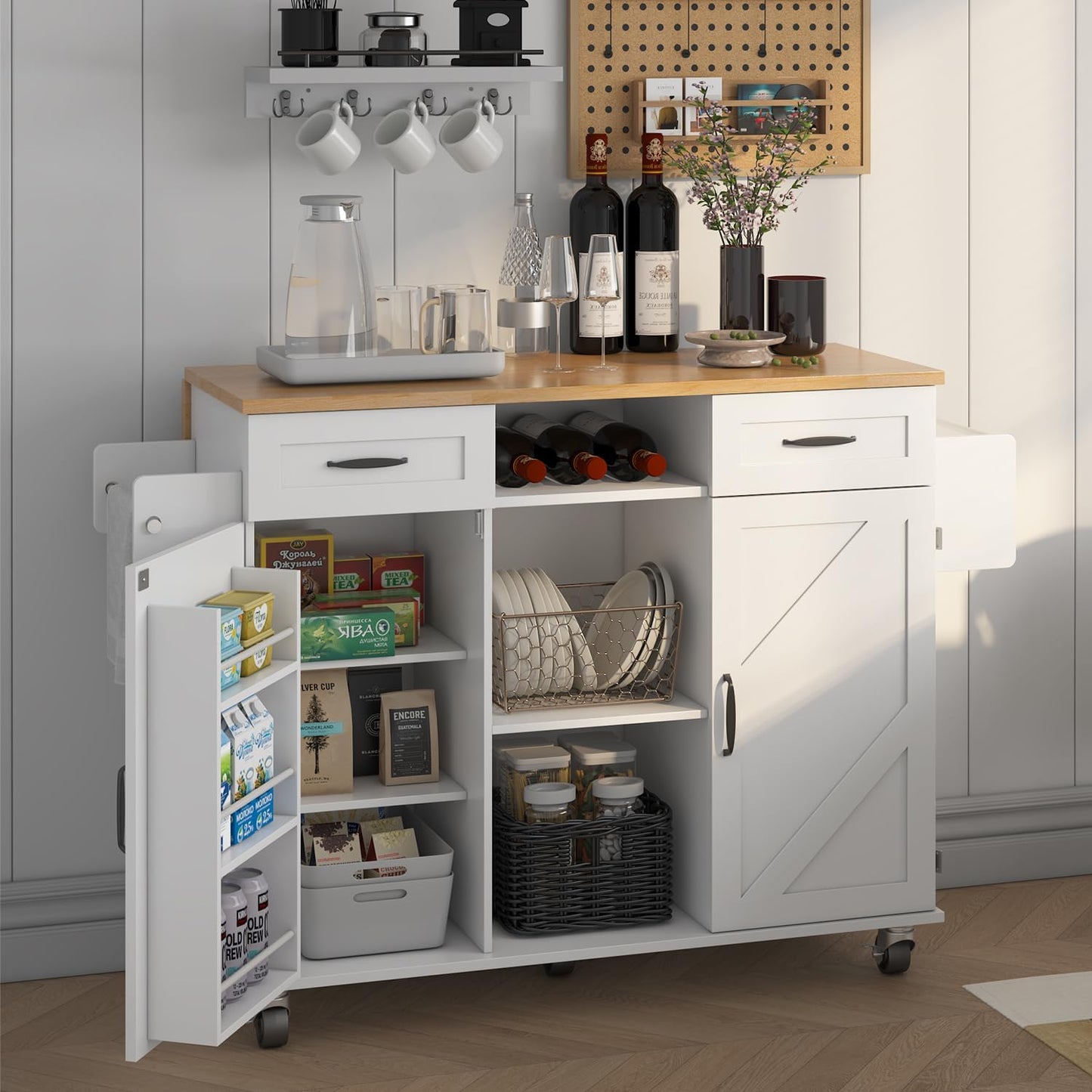 51.5'' Rolling Kitchen Island with Storage Cabinet & Drawers, Drop Leaf Kitchen Cart on Wheels, Farmhouse Portable Mobile Islands, Large Butcher Block Table with Tower/Spice Rack, White