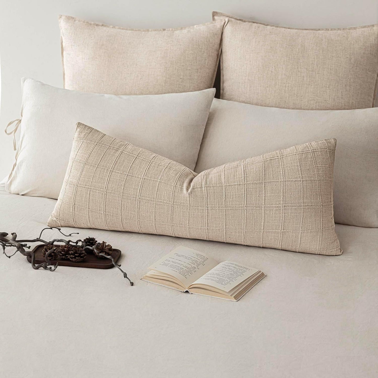 Foindtower Set of 2 Decorative Linen Check Throw Pillow Covers Neutral Long Body Lumbar Cushion Covers Farmhouse Vintage Home Decor for Sofa Chair Couch Bedroom Living Room,14×36 Inch,Natural Linen