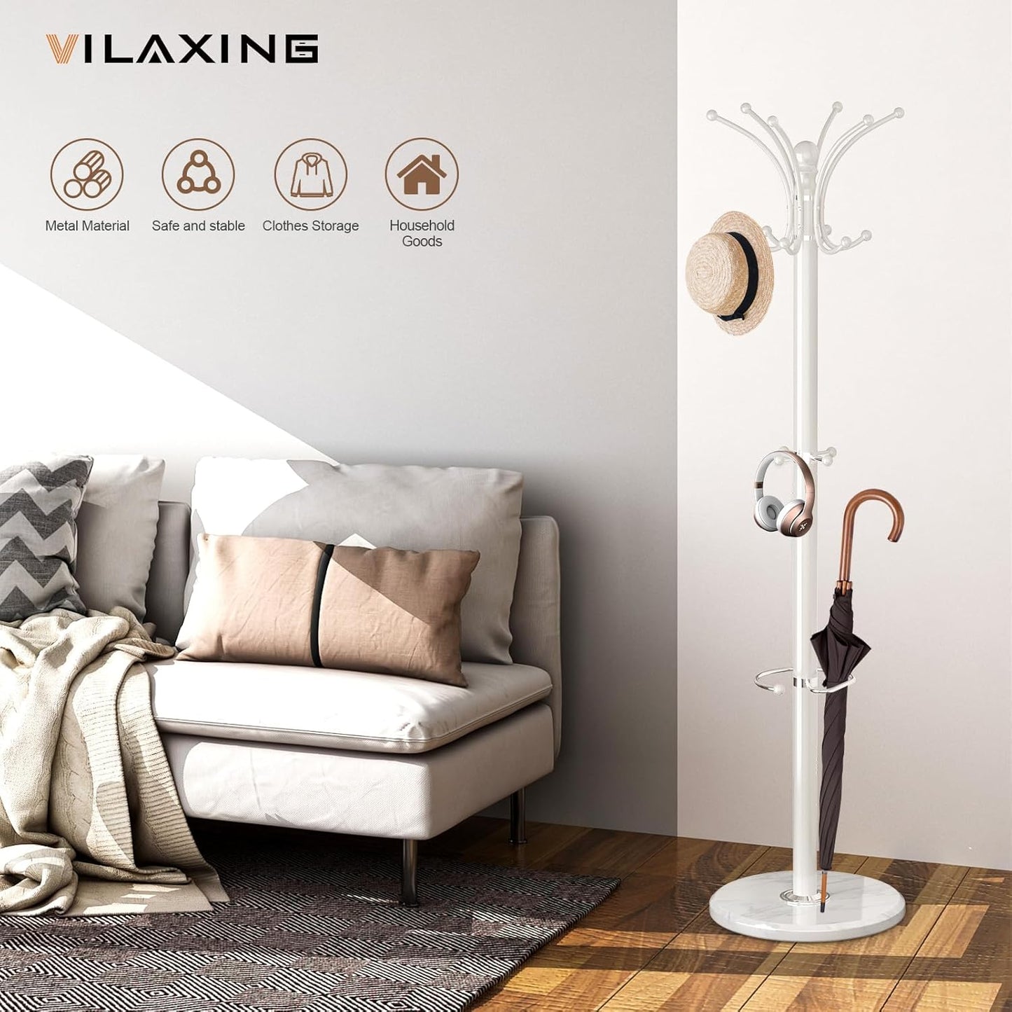 Coat Rack Freestanding with Marble Base, Heavy Duty Clothes Tree with Hooks and Umbrella Storage, Metal Hall Holder for Hanging Jacket, Hats, Scarf, Bag, Suitable for Entryway,Bedroom