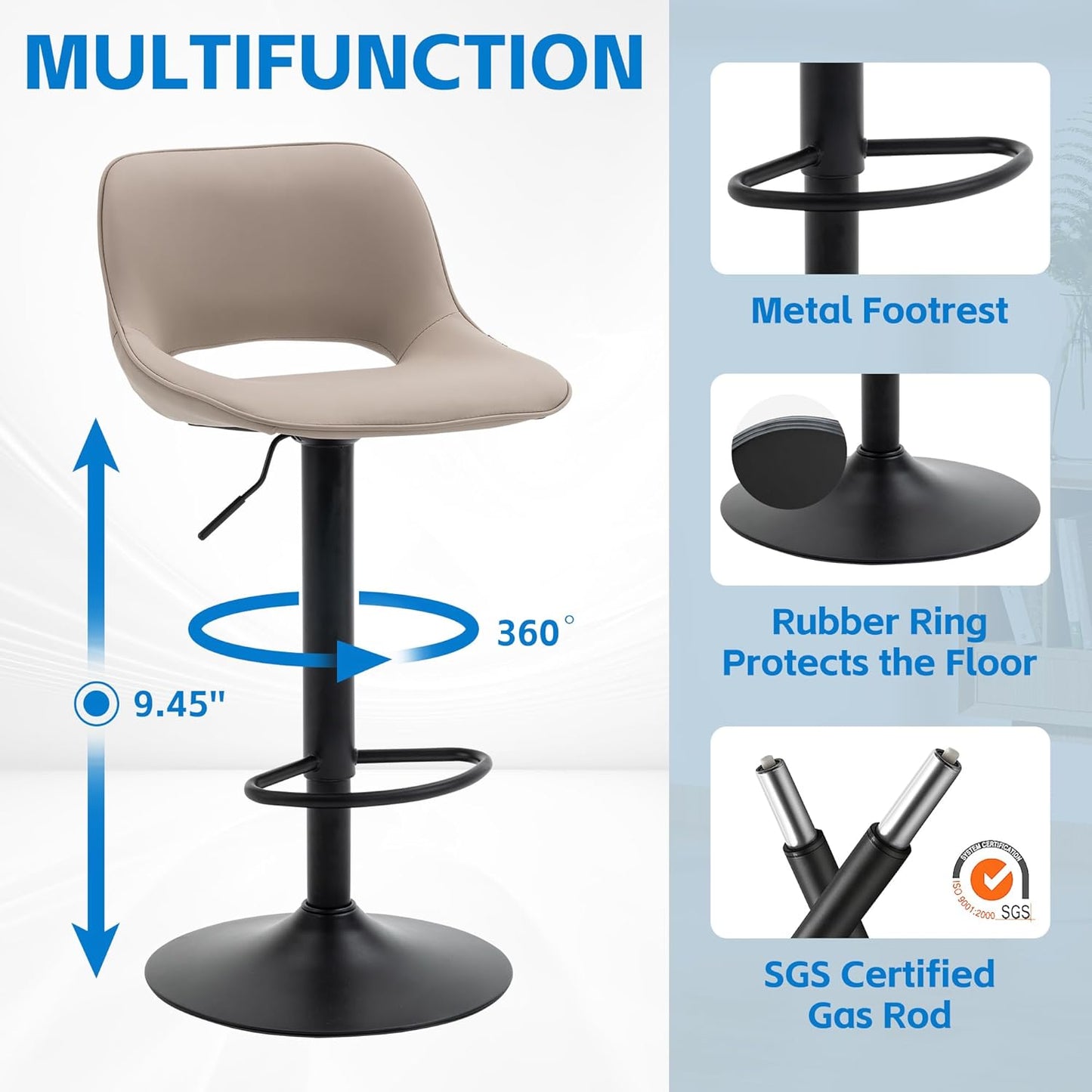 YOUNIKE Bar Stools Set of 2 Compact Modern Swivel Barstools, Adjustable Counter Height Bar Stools Faux Leather Upholstered Bar Chairs with Back for Kitchen Island, Khaki