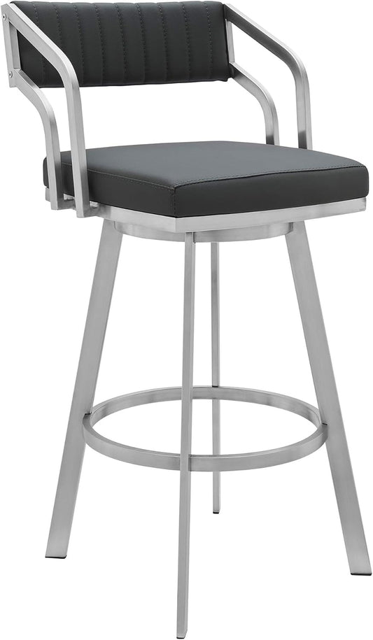 Armen Living Capri Modern 30" Seat Height Gray Faux Leather and Brushed Stainless Steel Metal Swivel Bar Stool for Kitchen Island Counter