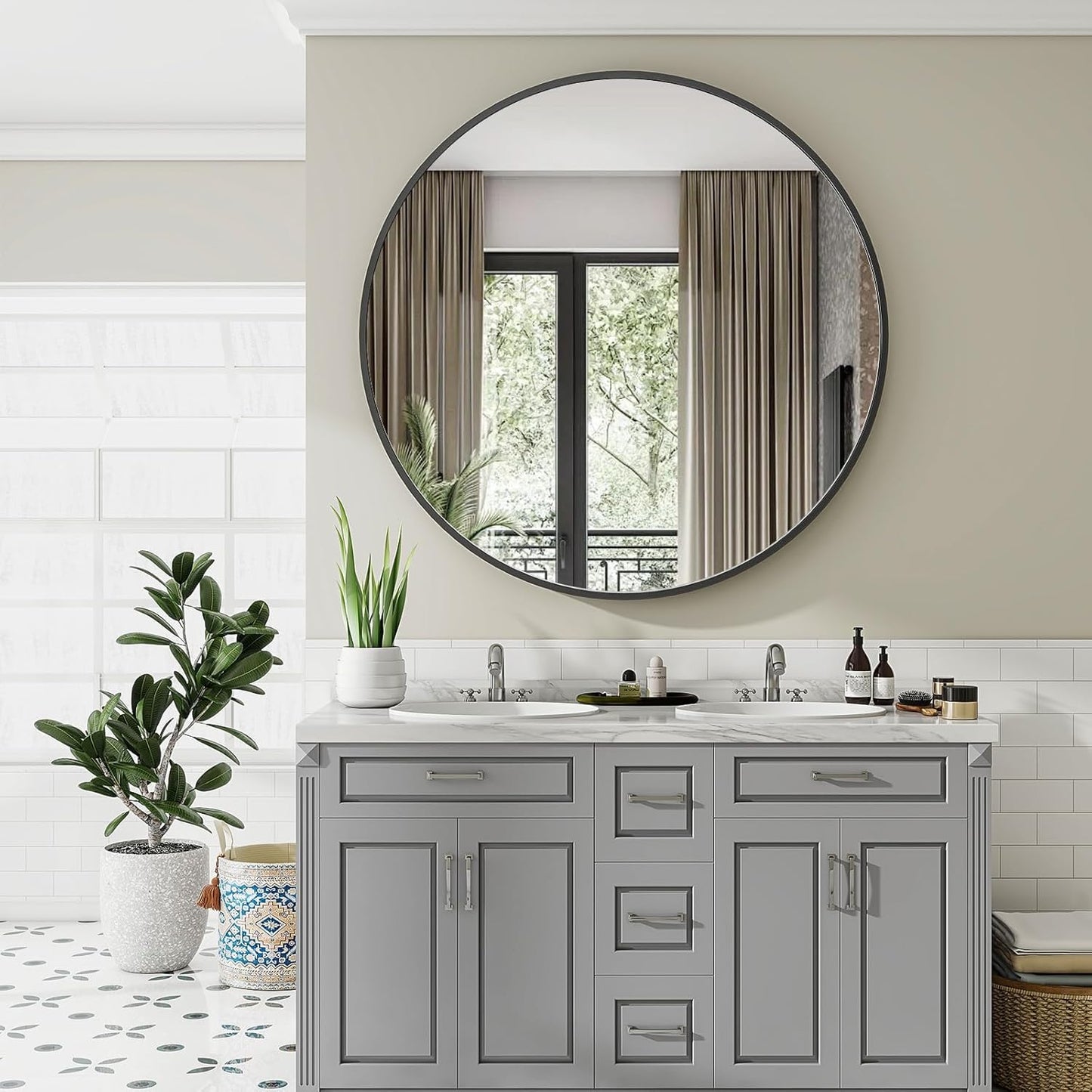 Black Round Bathroom Mirror, 48 inch Large Circle Wall Mounted Hanging Mirror with Simple Modern Circular Metal Frame for Hallway, Entryway, Living Room, Black Frame