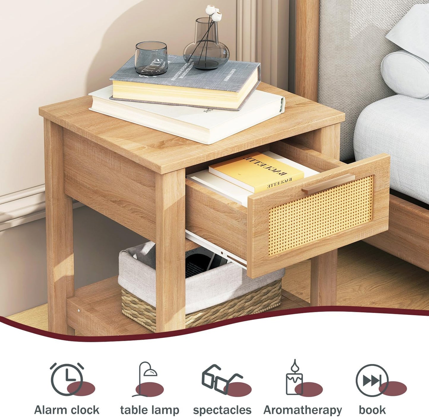 IBUYKE Rattan Nightstand Set of 2, Boho Night Stand with Drawer, Wood Bedside Tables with Storage Shelf, End Table with Legs for Bedroom, Natural UWNS011N-2