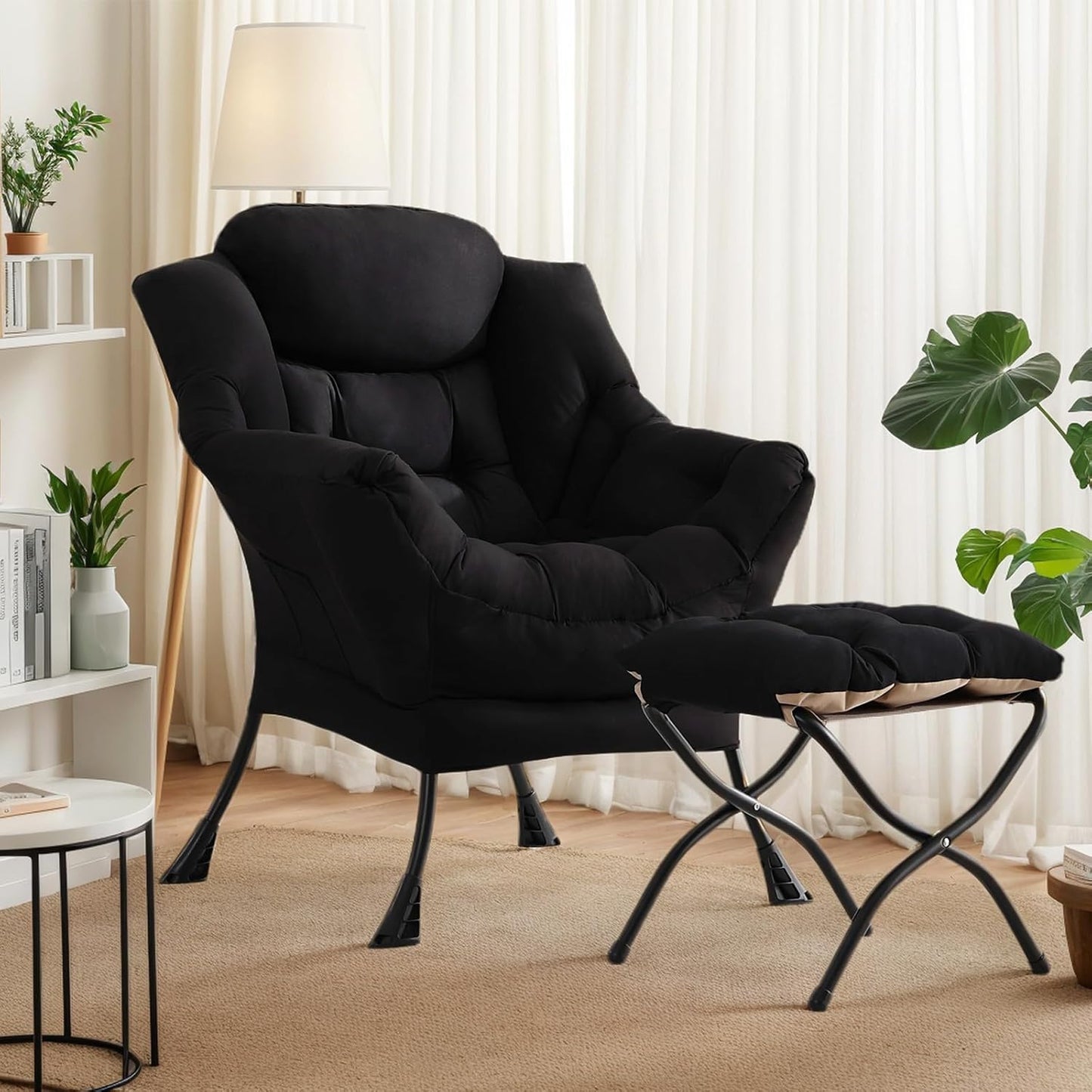 Lazy Chair with Ottoman, Large Modern Lounge Accent Chair with Armrests and Footrest, Reading Armchair with Ottoman, Leisure Sofa Chair for Living Room, Bedroom, Dorm Room, Office（Black）