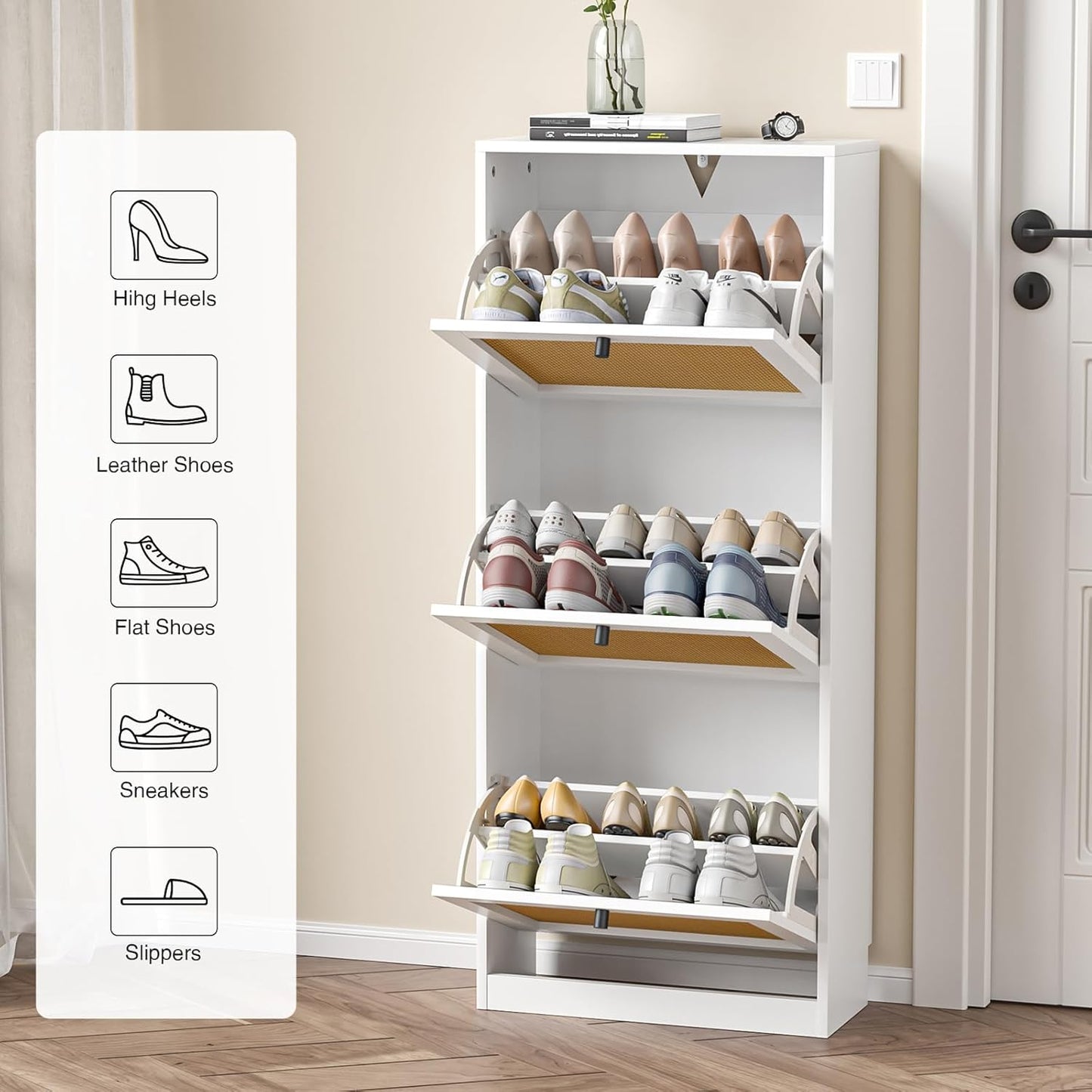 Rattan Shoe Cabinet with 3 Flip Drawers,Narrow Shoe Rack Cabinet with Adjustable Shelves,3 Tier Shoe Storage Organizer for Hallway,Entrance,White