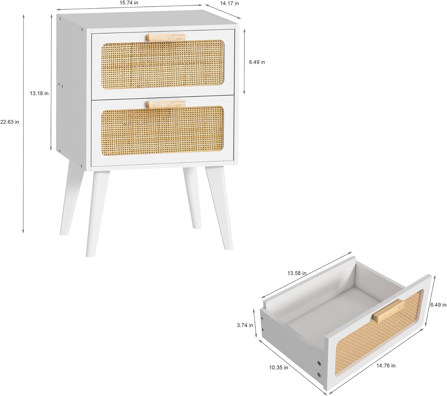 Rattan Nightstand, Wood End Table, Side Table with 2 Hand Made Rattan Decorated Drawers,Boho Bedside Table,Wood Accent Table with Storage for Livingroom, Bedroom, White CTG59W
