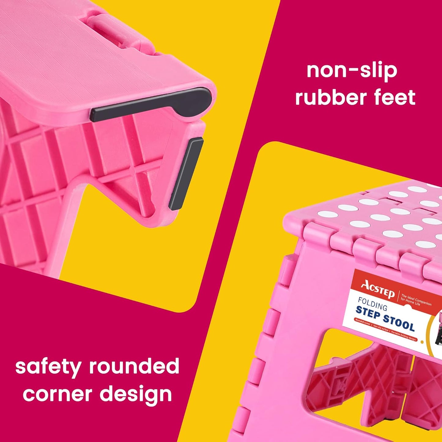 ACSTEP 9 Inch Folding Step Stool - The Lightweight Step Stool is Sturdy and Safe Enough. Opens Easy with One Flip. Great for Kitchen, Bathroom, Bedroom Pink