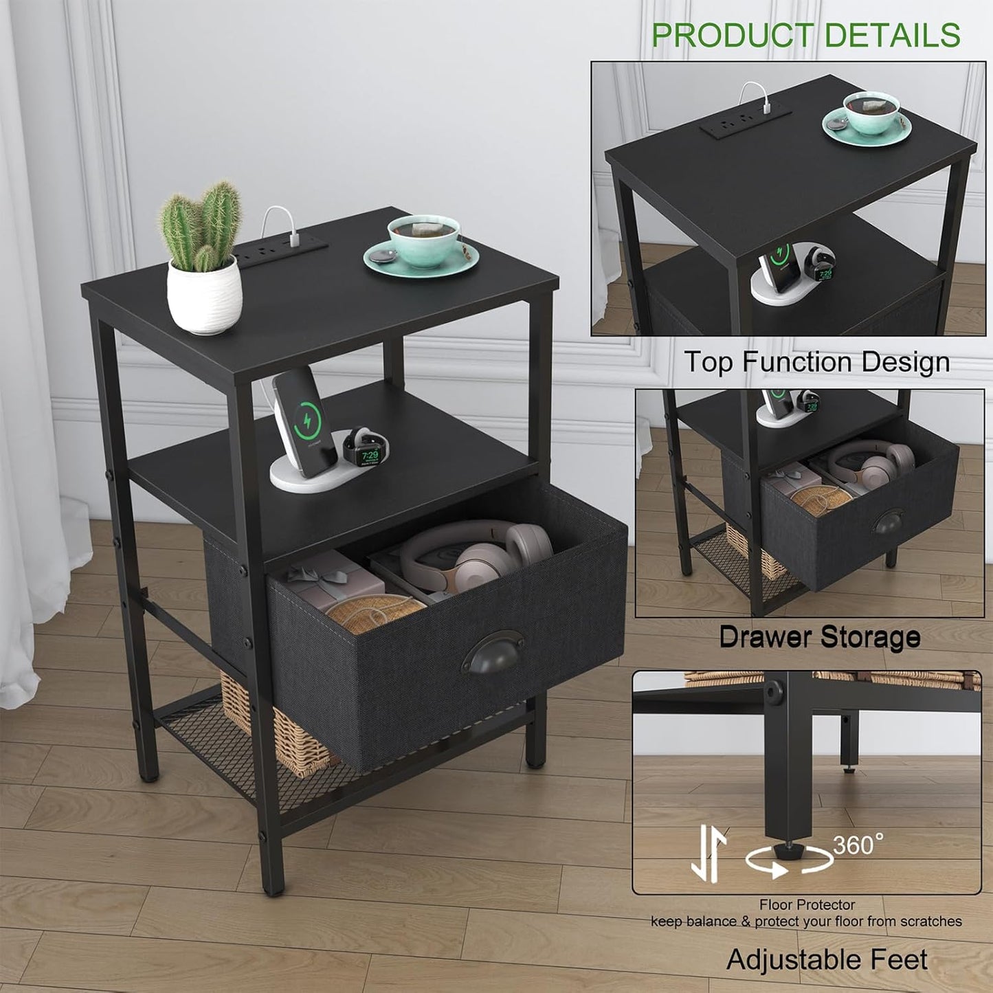 Sthmec Nightstands with Charging Station, LED Bedside Tables with Charging Station and Fabric Drawer, Night Stand with Storage, 3 Tier Side Table with Open Shelf, LED Nightstand Bedside Table,Black