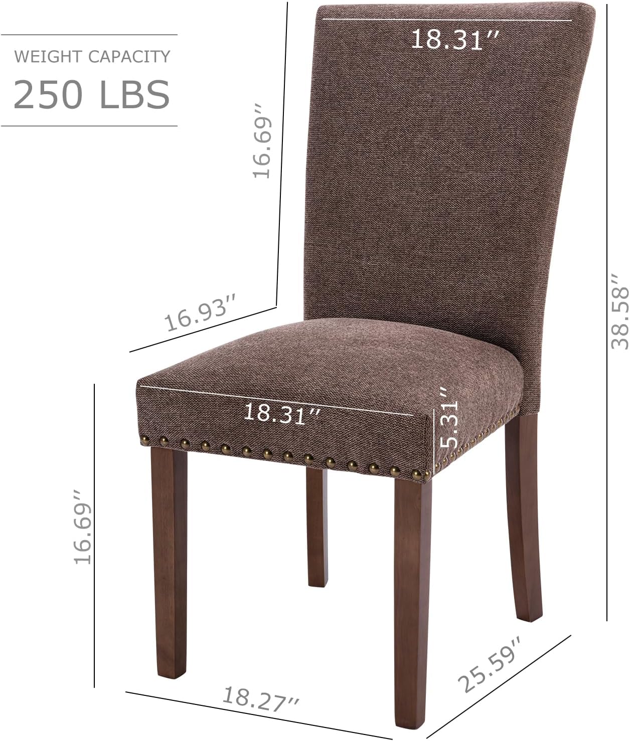 COLAMY Upholstered Parsons Dining Chairs Set of 2, Fabric Dining Room Kitchen Side Chair with Nailhead Trim and Wood Legs - Brown