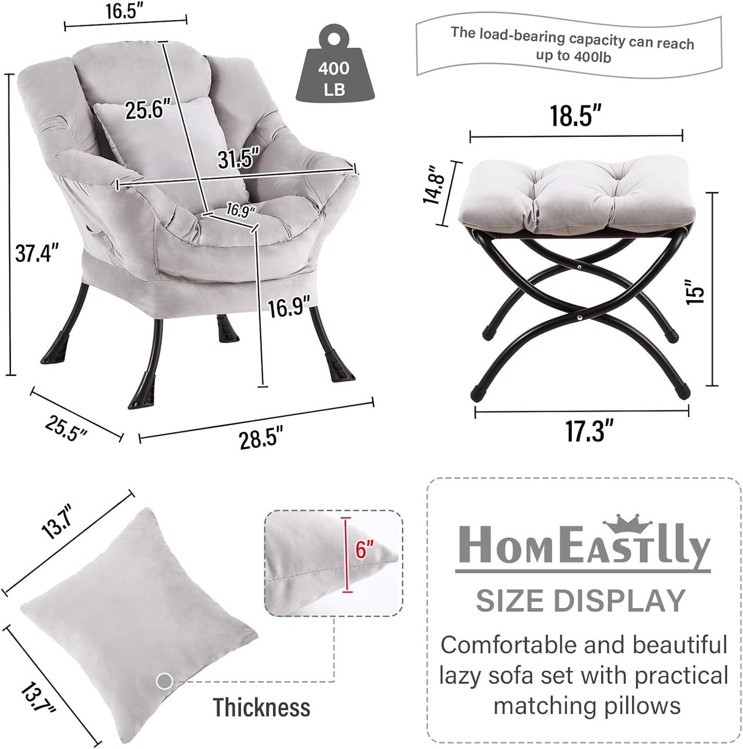 Large Lazy Chair with Ottoman, Accent Reading Chair with a Soft Grey Throw Pillow, Cozy Lounge Chair with Armrest, Leisure Sofa Chair for Living Room, Bedroom, Dorm, Velvet Soft Grey