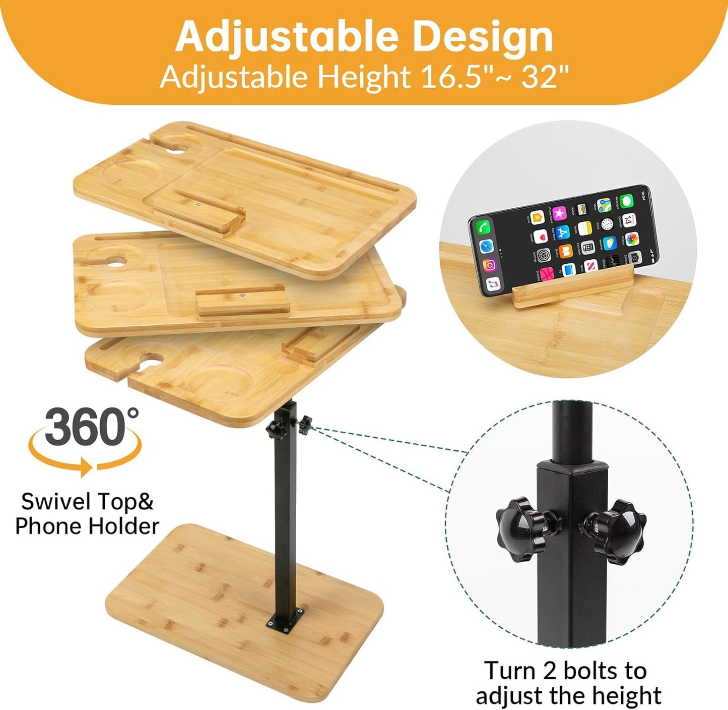 Bamboo Sofa Side Table Adjustable Height,Snack C Shaped End Table with Swivel Phone Stand,TV Trays for Eating on Couch, Small Spaces/Bathtub/Recliner/Bed/Sofa,Oblong.