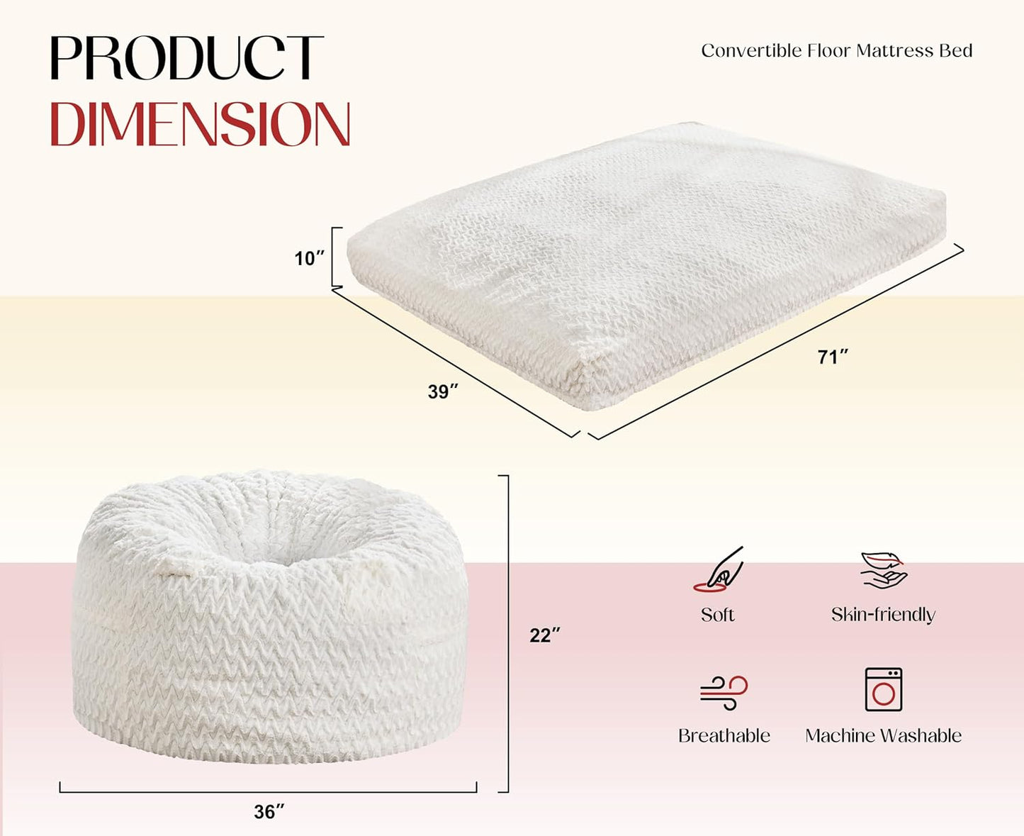 Hobestluk Bean Bag Chair Convertible Beanbag Chairs for Adults, 3 in 1 Bean Bags with Plush Chevron Cover, Adult Bean Bag Chair for Living Room, Bedroom (White, Twin)