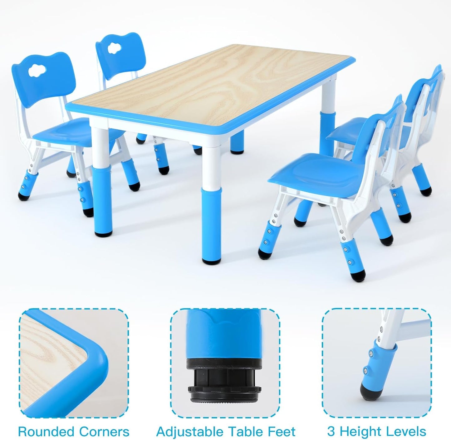 Kids Table and 4 Chairs Set，Height Adjustable Children Table & Chair，Toddlers Study Multi-Activity Table with 47.2"x23.6" Wipe-Clean Desktop，for Classrooms, Homes & Daycares