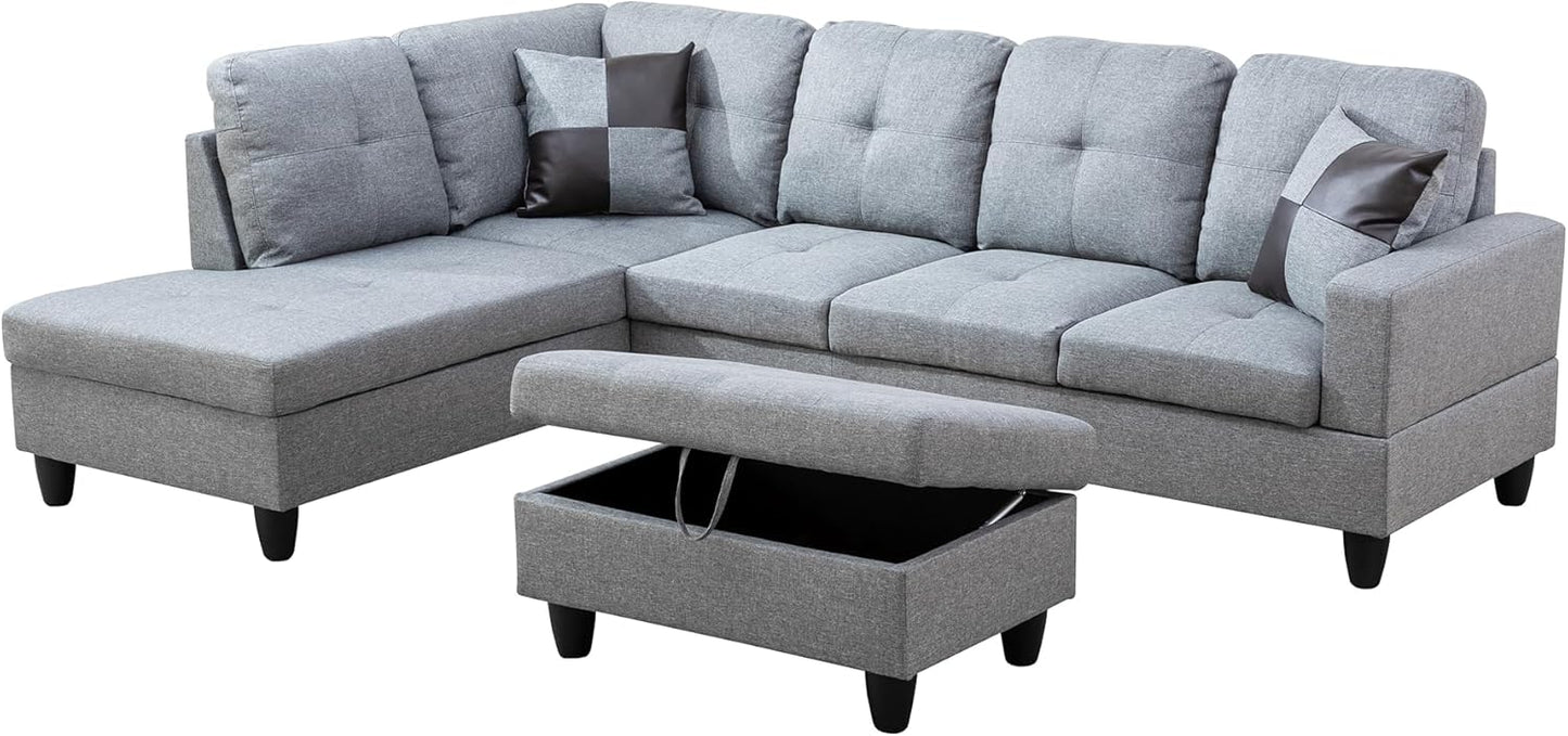 L Shaped Couch Modern Sectional Couch Upholstered Linen Fabric 3 Pieces Sofas for Living Room with Chaise, Storage Ottoman for Office and Small Apartment, Grey