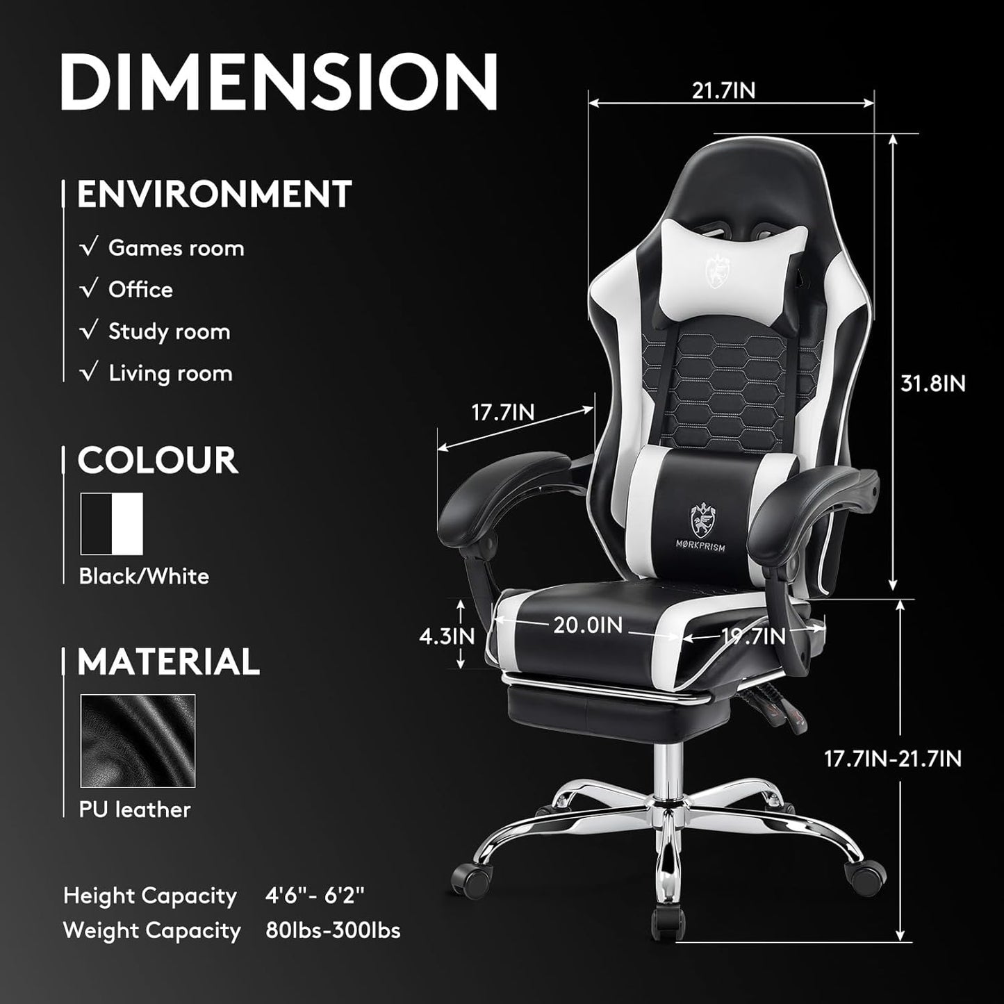 Gaming Chair,Computer Office Chair with Footrest,Massage Lumbar Support and Gel Pad,Ergonomic Reclining Adjustable Leather Gamer Chair with Headrest and Spring Cushion Black White