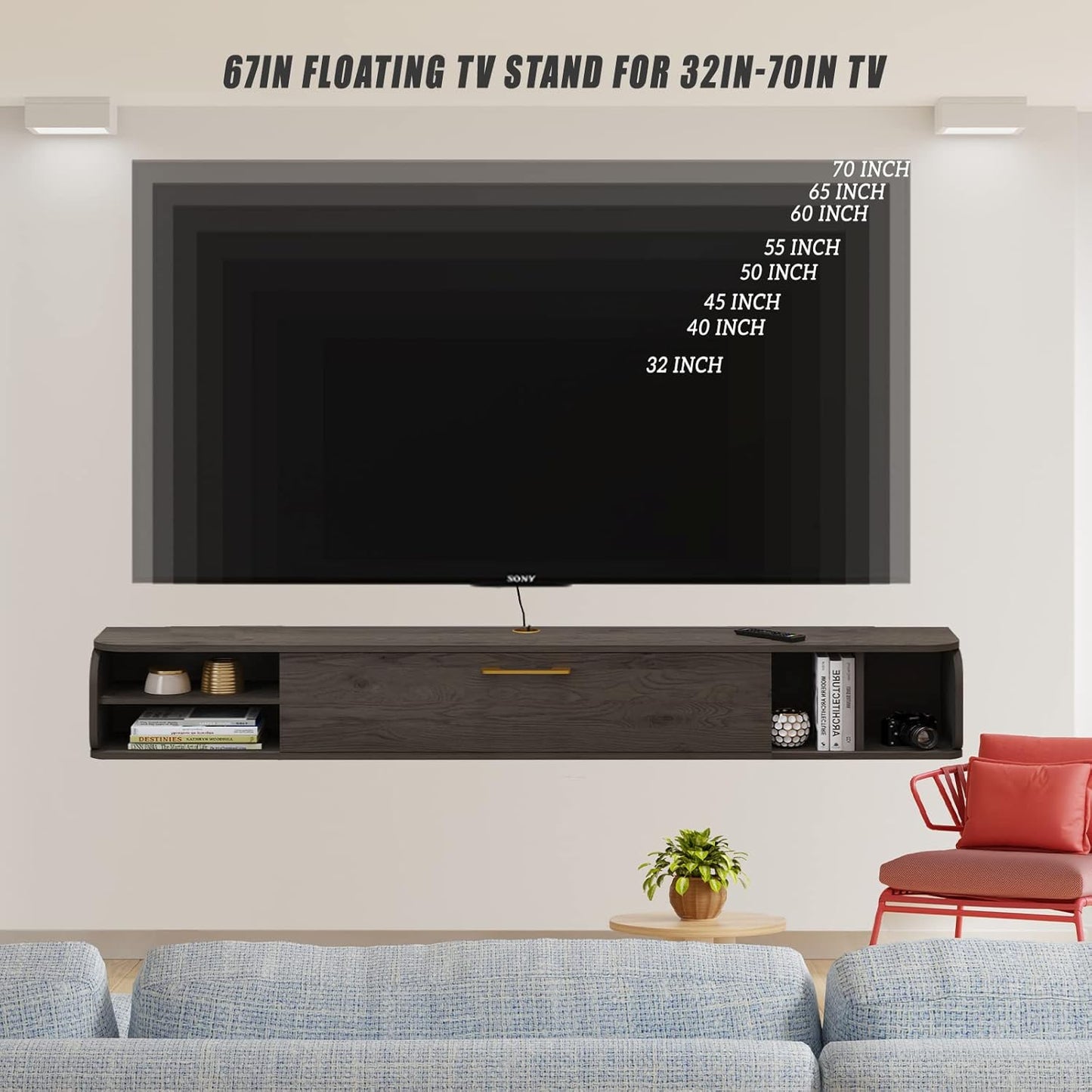 Floating TV Unit, 67'' Wall Mounted TV Cabinet, Floating Shelves with 4 Cabinets, Wooden Entertainment Media Console Center Large Storage TV Bench for Living Room & Office (67IN, Dark Grey)