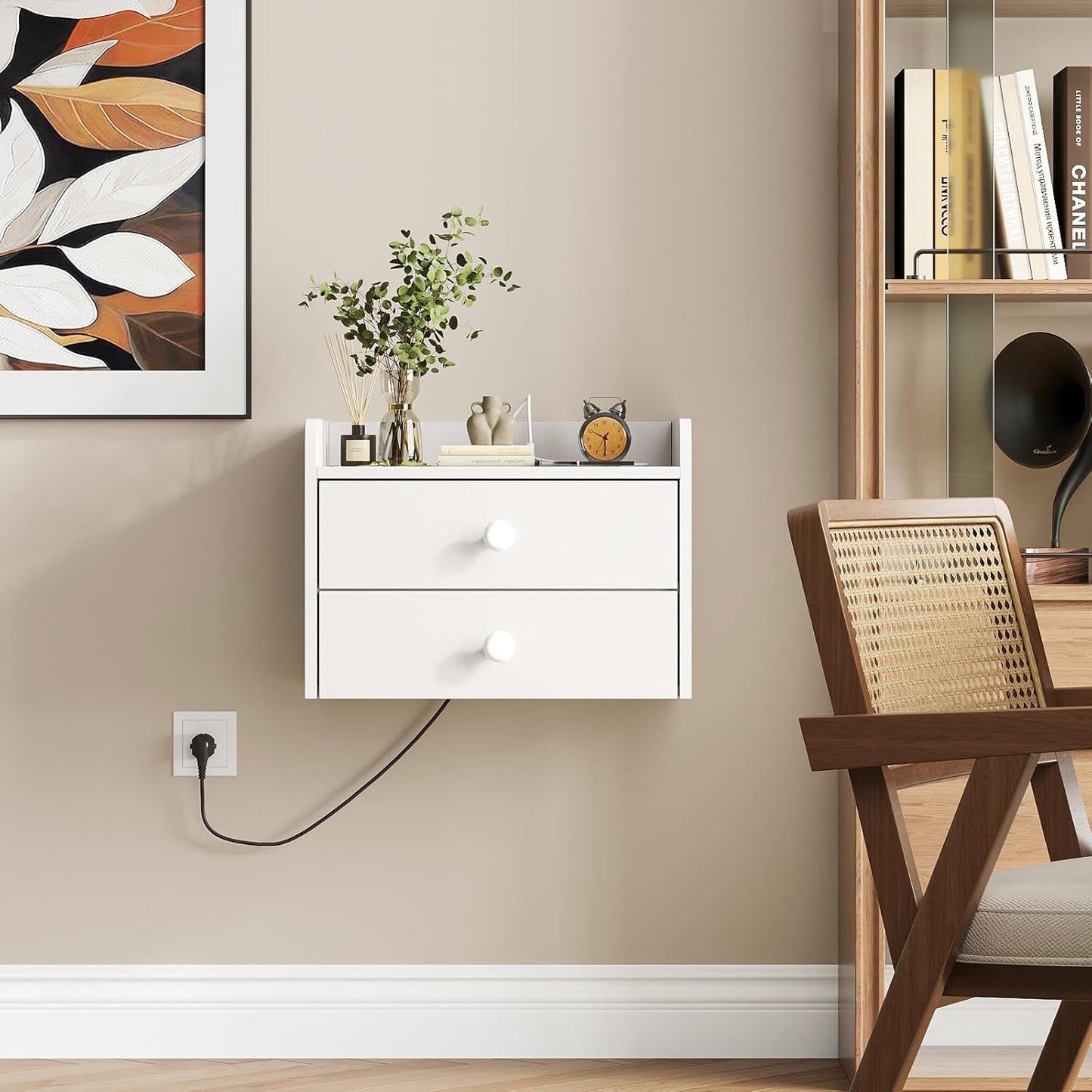 Floating Nightstand Set of 2 with 2 Storage Drawers and Charging Station Wood Wall Mounted Bedside End Table Modern Night Stands Set 2 for Bedroom,Small Space,White