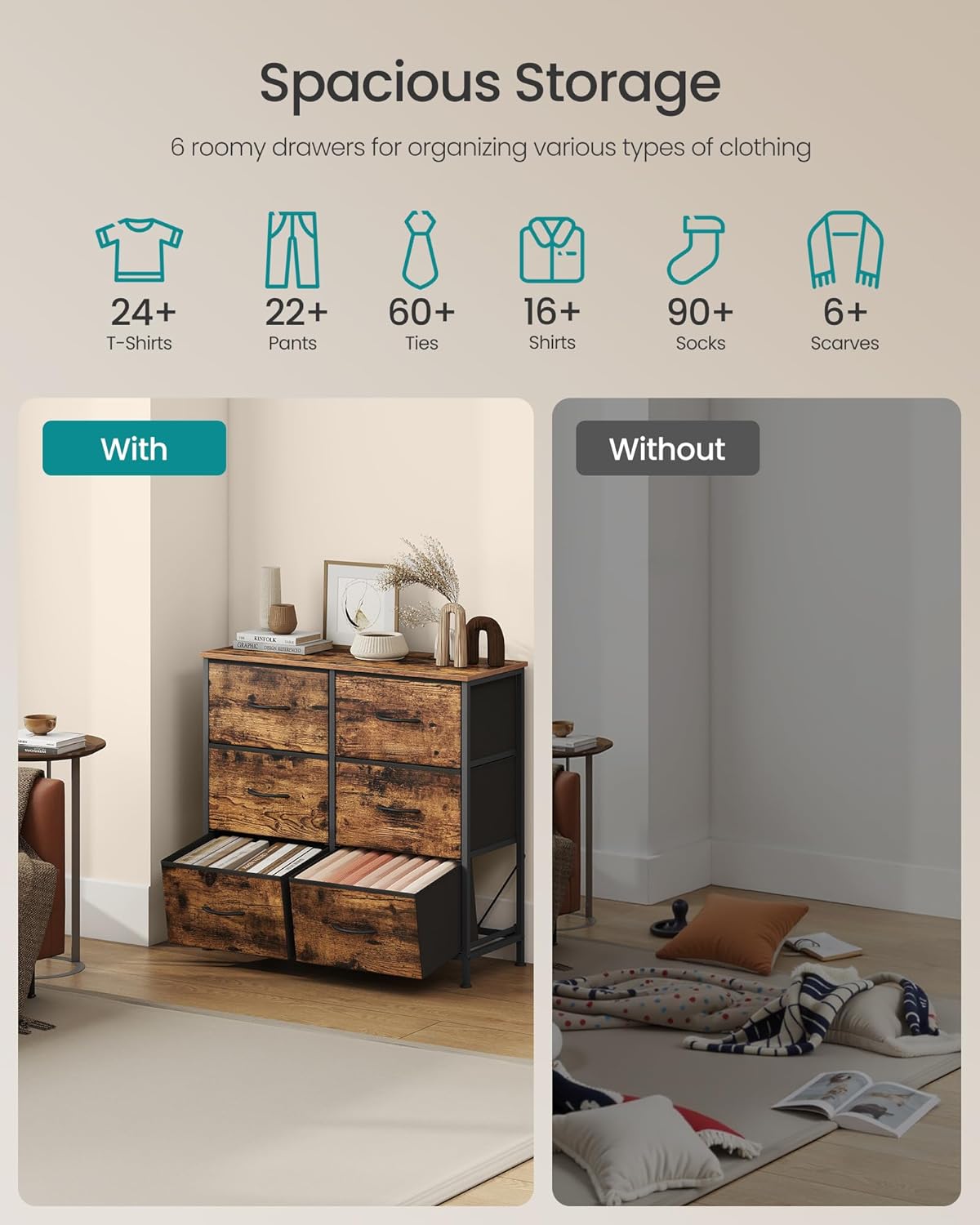 SONGMICS Dresser for Bedroom, Chest of Drawers, TV Stand, Steel, MDF, 6 Non-Woven Fabric Drawers, Storage Organizer Unit, Closet, Entryway, Rustic Brown and Ink Black ULGS123B02S