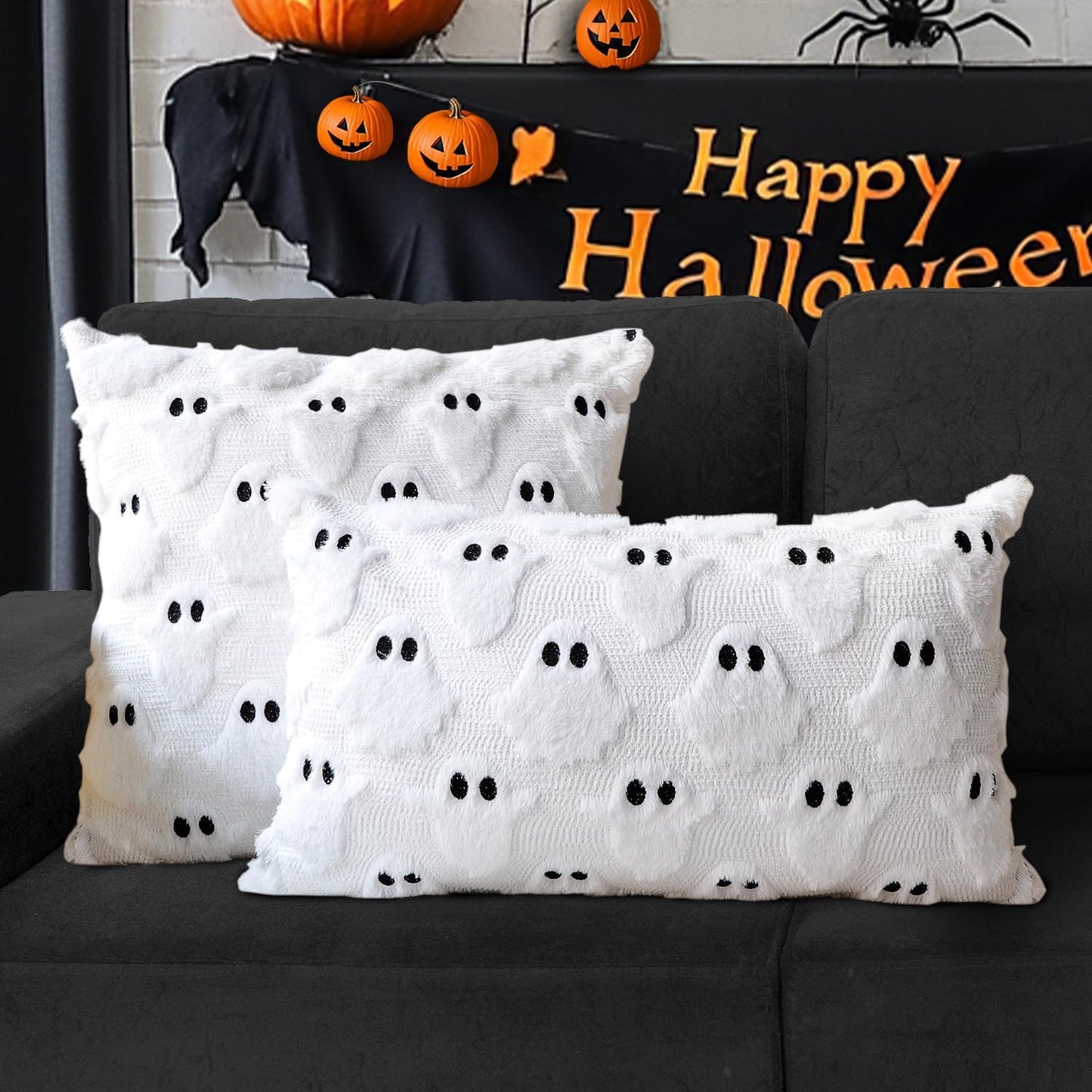 4TH Emotion Halloween Ghost Decorative Pillow Covers 20x20 Set of 2, White Soft Plush Faux Fur Farmhouse Throw Cushion Cases for Fall Autumn Holiday Home Decorations