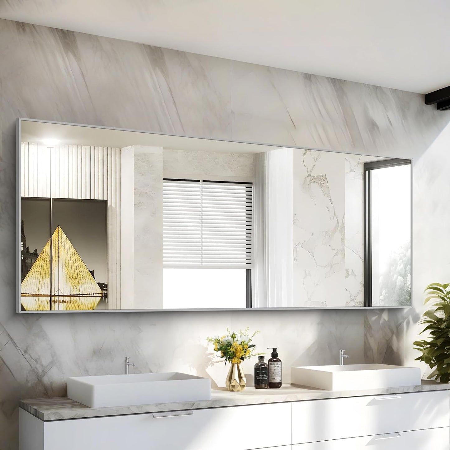 30x72inch Bathroom Mirror, Silver Rectangle Mirror with Thin Metal Frame, Large Rectangular Wall Mirror for Bathroom, Living Roomm, Hair Salon, Big Farmehouse Mirror Hang Horizontal/Vertical