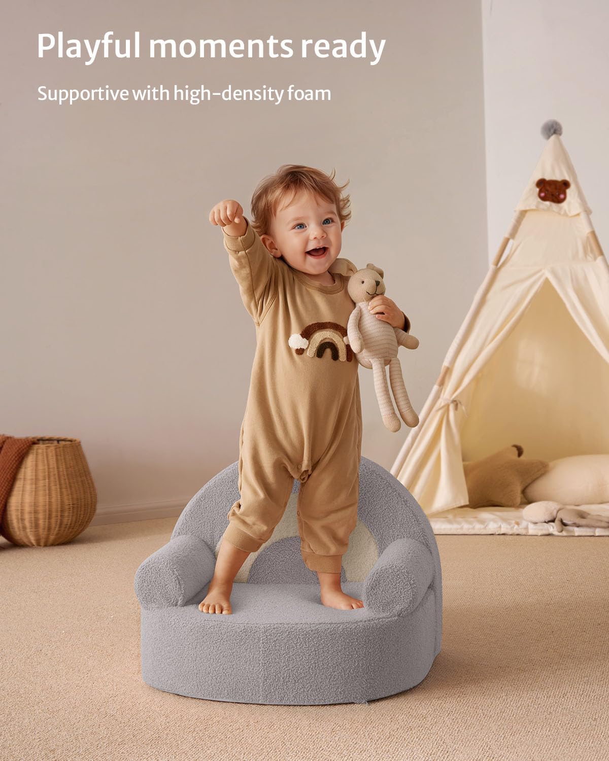 Blissful Diary Toddler Chair Comfy, Foam Kids Chair with Soft Teddy Plush, Toddler Reading Armchair for 1 2 3+ Year Old Girls Boys Baby Birthday Gift, Light Gray Arclet