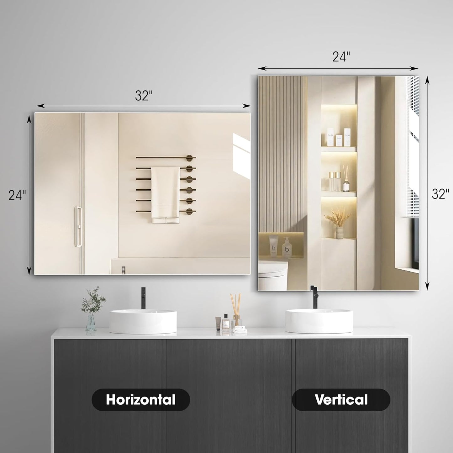 Hasipu 24” x 32” (1pcs) Bathroom Mirror, Mirrors for Sink, Frameless Mirror, Rectangle Mirror for Bathroom, Modern, Horizontal or Vertical