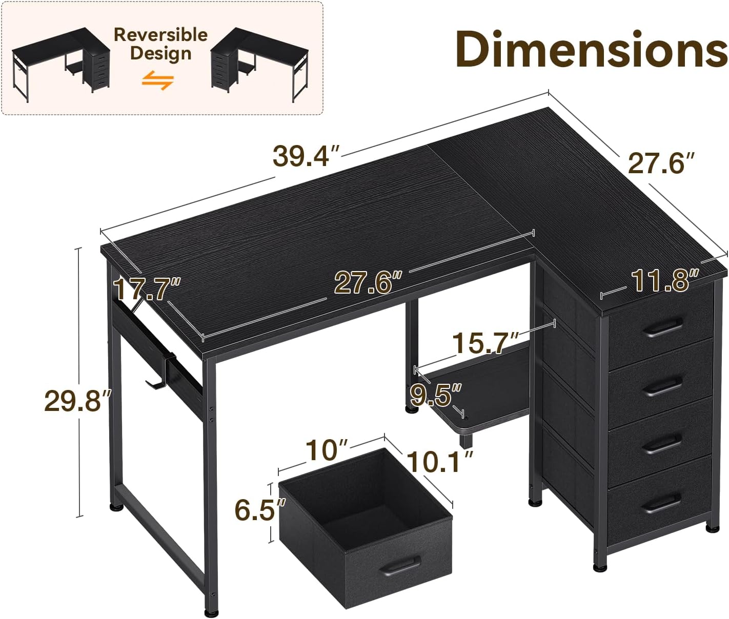 Casaottima L Shaped Desk with 4 Drawers, 40" Small Corner Computer Desk with Storage, Reversible Kids Study Table with CPU Stand & Hook, Work Table for Home Office, Black