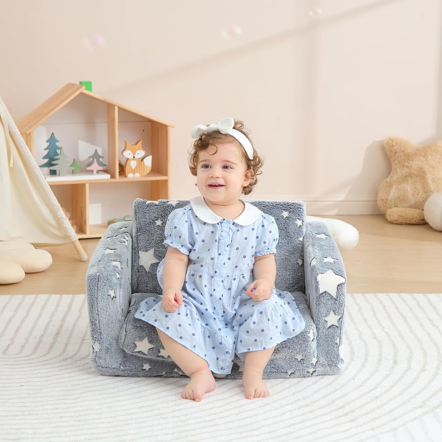 Kids Couch Fold Out, Foldable Toddler Couch with Blanket, Kids Sofa for Girls & Boys, Flip Out Toddler Chair, Convertible Sofa to Lounger for Children Age 1-3 (Glow Star)