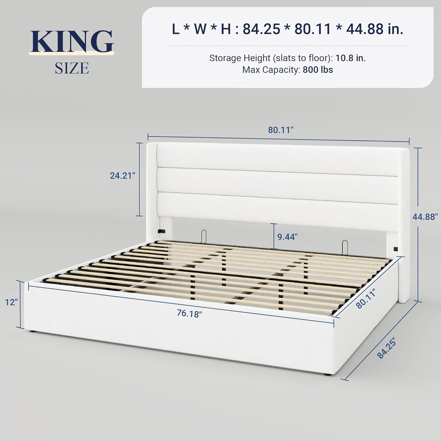 Allewie King Size Velvet Lift Up Storage Bed, Modern Wingback Headboard, Hydraulic Support, No Box Spring Needed, White