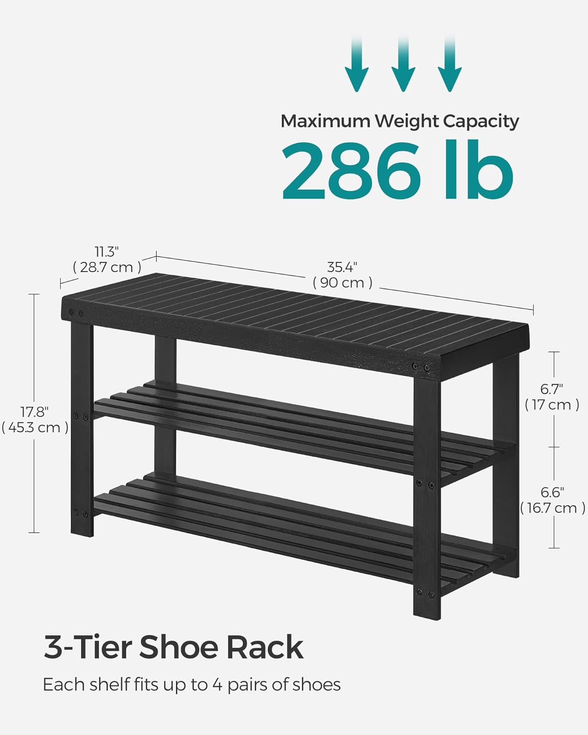 SONGMICS Shoe Rack Bench, 3-Tier Bamboo Shoe Storage Organizer, Entryway Bench, Holds Up to 286 lb, 11.3 x 35.4 x 17.8 Inches, for Entryway Bathroom Bedroom, Ink Black ULBS90B33