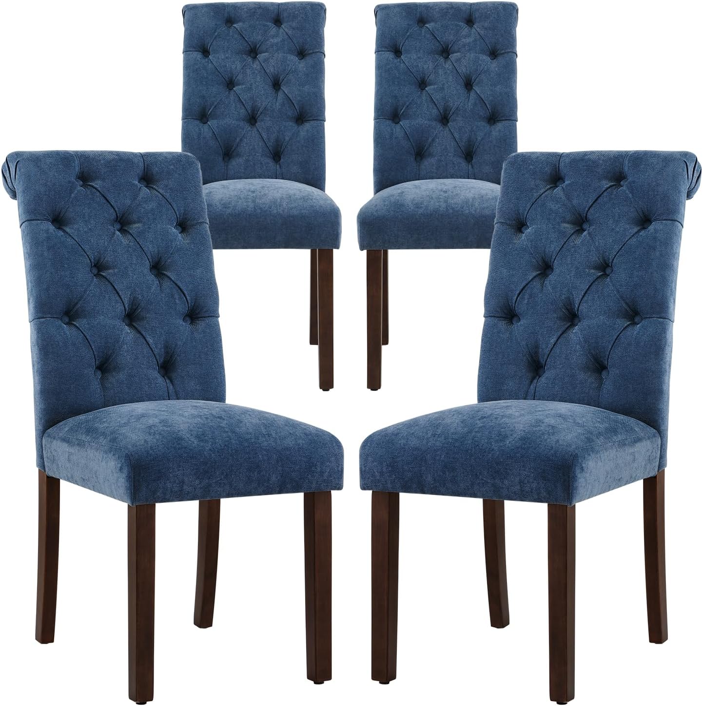 COLAMY Button Tufted Dining Chairs Set of 4, Parsons Upholstered Fabric Dining Room Chairs Kitchen Chairs with Wood Legs and Padded Seat, Blue