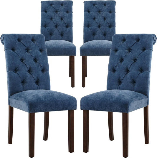 COLAMY Button Tufted Dining Chairs Set of 4, Parsons Upholstered Fabric Dining Room Chairs Kitchen Chairs with Wood Legs and Padded Seat, Blue