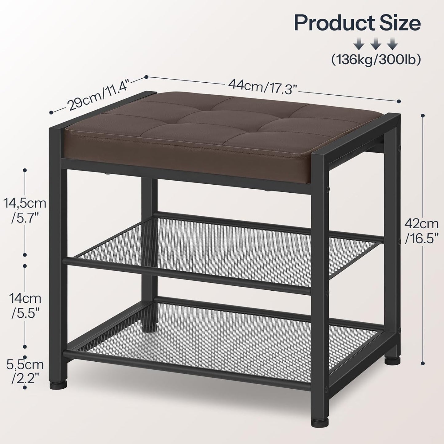 HOOBRO Small Shoe Bench, 3-Tier Shoe Rack, Shoe Storage Bench with PU Seat Cushion, Entryway Shoe Rack Bench with Metal Mesh Shelves, Freestanding Shoe Organizer for Hallway, Brown CB33HX01