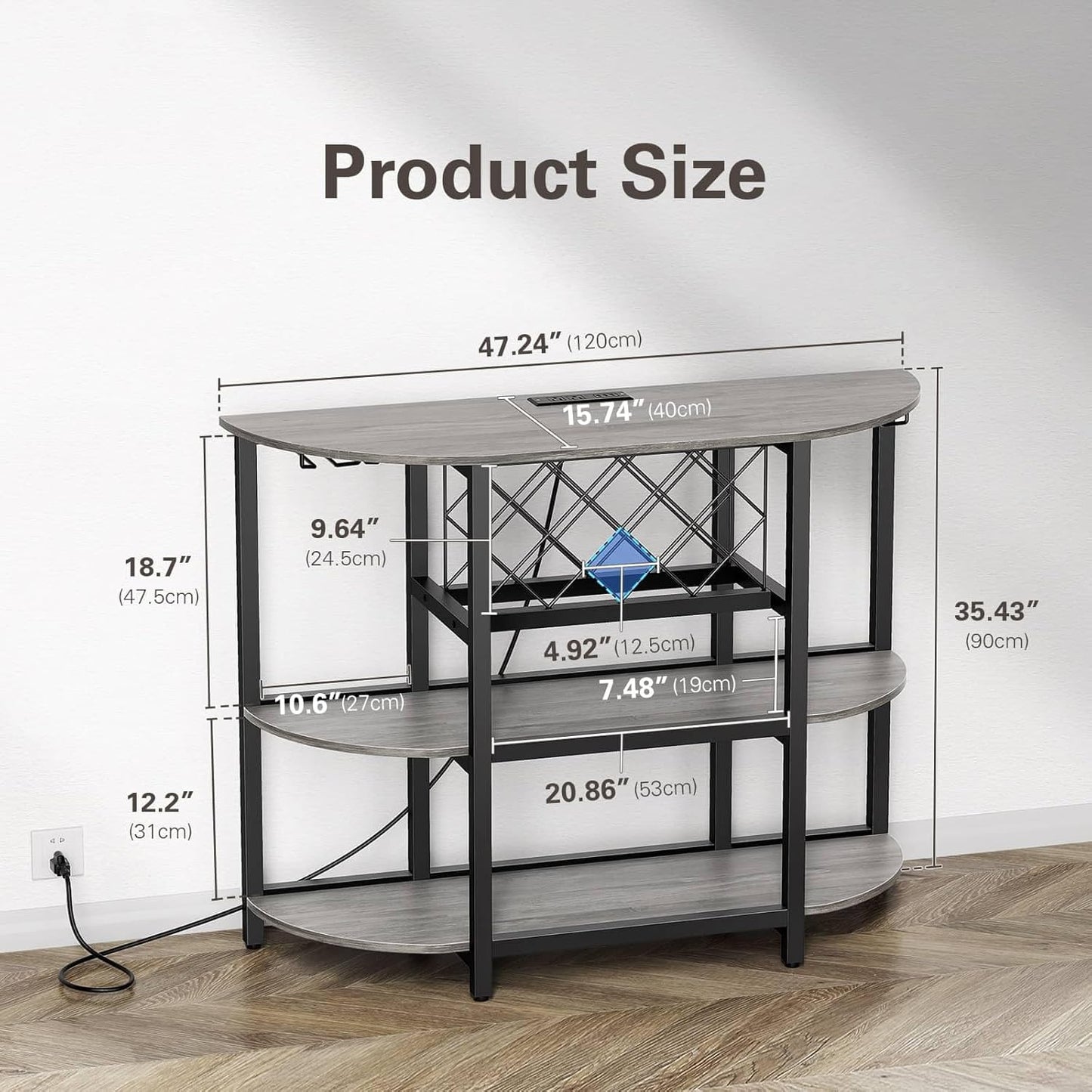 Zarler Bar Cart with Power Outlet Easy to Assemble, LED Home Bar Cabinet for Liquor, 47.3" L x 15.8" D x 36" H Metal Mini Bar Table with 4-Tier Storage, Light Grey