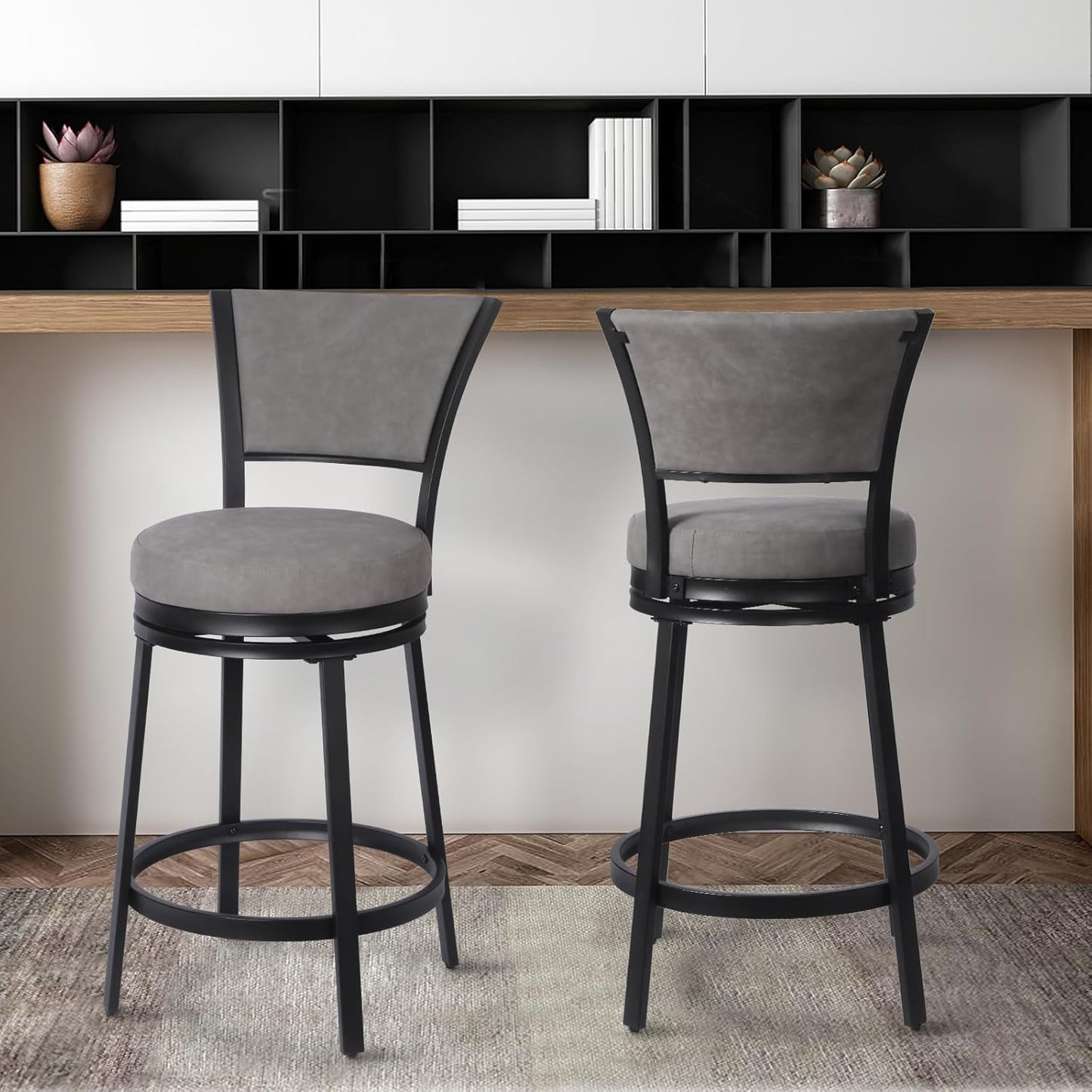 Bar Stools, Modern Counter Height Barstools Set of 2, 25" Faux Leather Round Swivel Bar Stools with Backrest, Upholstered Metal Bar Chairs for Kitchen Island, Kitchen Counter, Pub, Grey