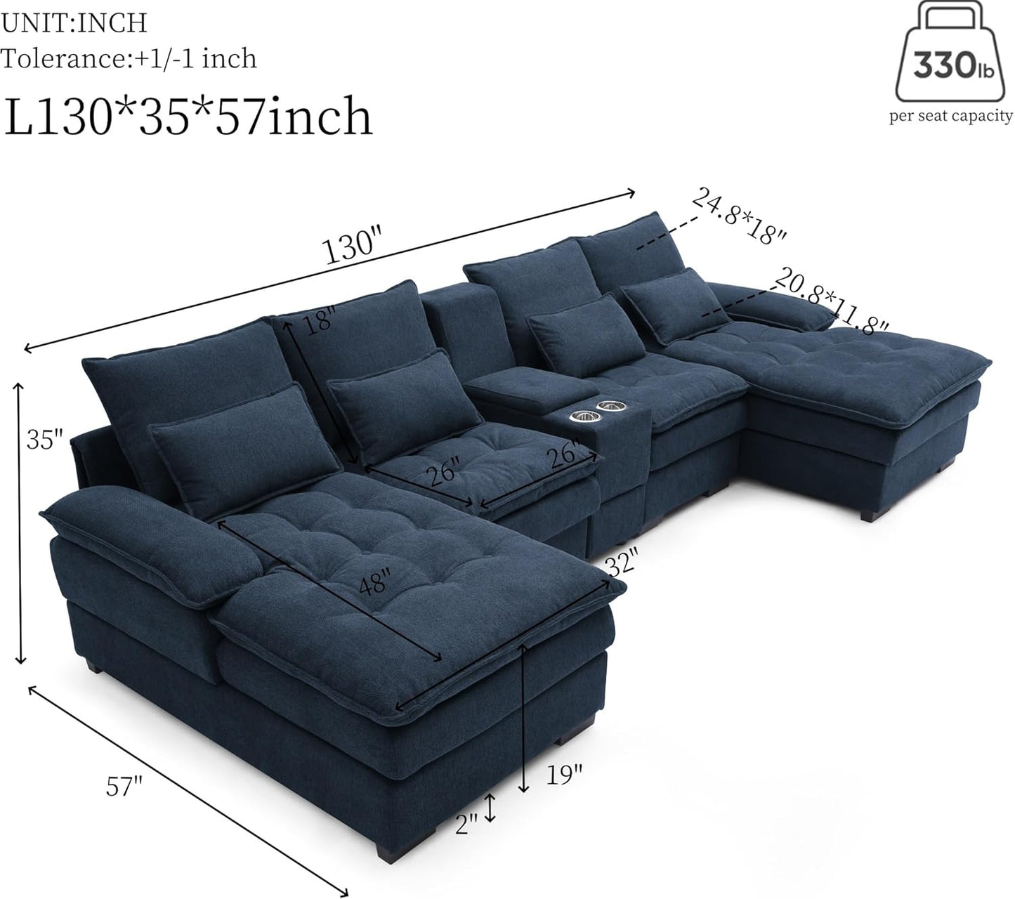 KEIKI 130" U-Shaped 6 seat Sofa with Storage Console, Cup Holders, Upholstered Sectional Sofa, Button Tufted Cloud Cushion Couch for Home, Office, Apartment, Blue