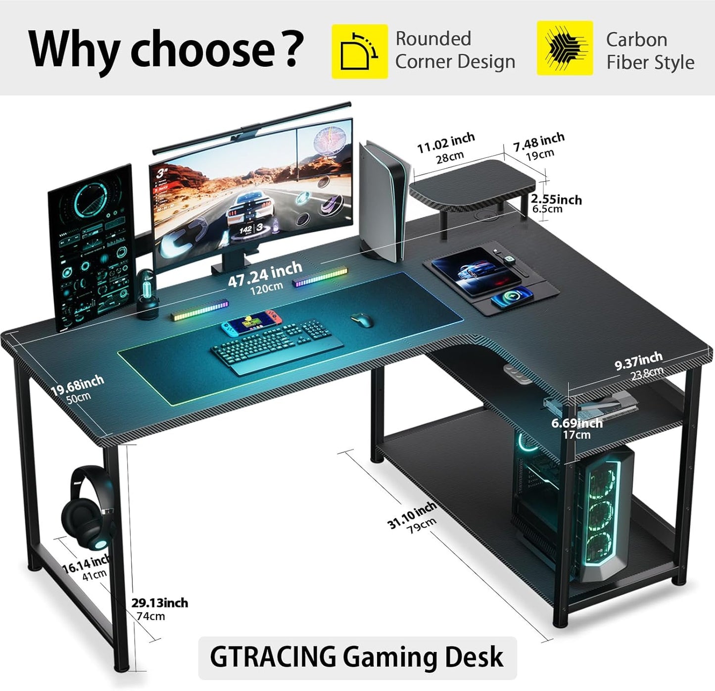 GTRACING L Shaped Gaming Desk, Carbon Fiber Style Computer Desk Compatible with Monitor Arm Storage Shelves Corner Desk Gaming Table for Home Office Desks Easy to Assemble Adjustable Shelf Height