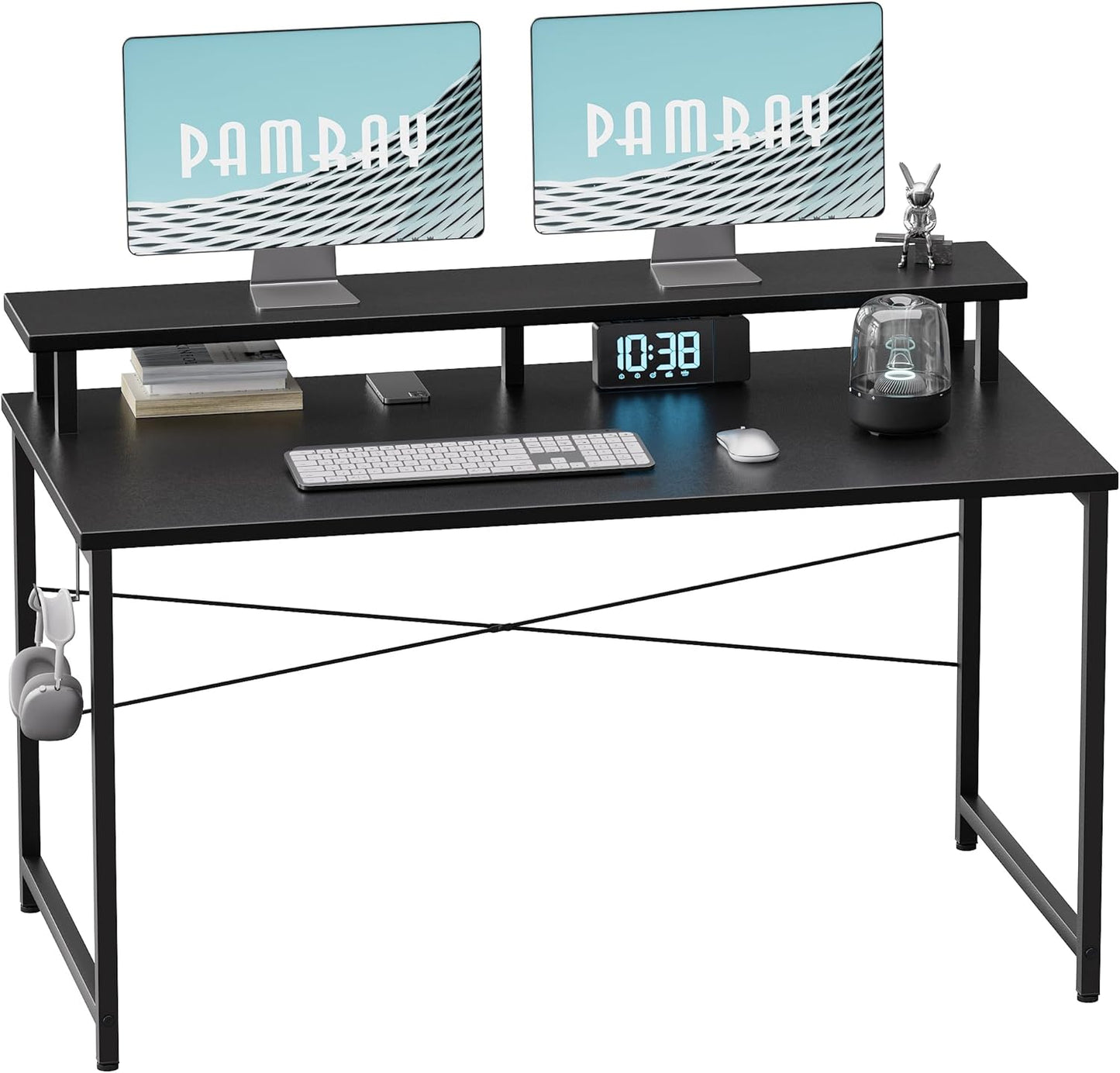 Pamray 47 Inch Small Computer Desk with Monitor Stand, Simple Office Desk with Headphone Hook for Small Spaces, Kids Study Writing Table for Bedroom, Black