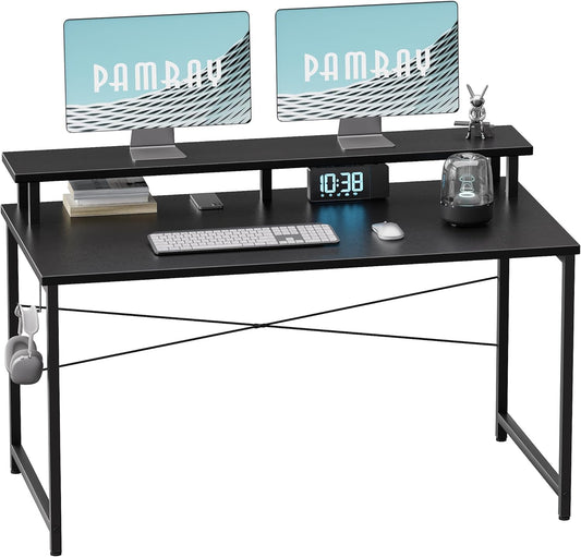 Pamray 47 Inch Small Computer Desk with Monitor Stand, Simple Office Desk with Headphone Hook for Small Spaces, Kids Study Writing Table for Bedroom, Black