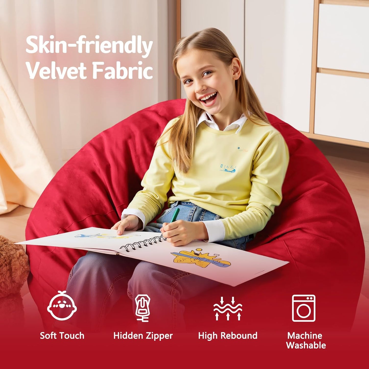 Homguava 2FT Bean Bag Chair: 2' Bean Bags with Memory Foam Filled,Comfy Beanbag Chairs Round Bean Bag Sofa with Dutch Velvet Cover-Red