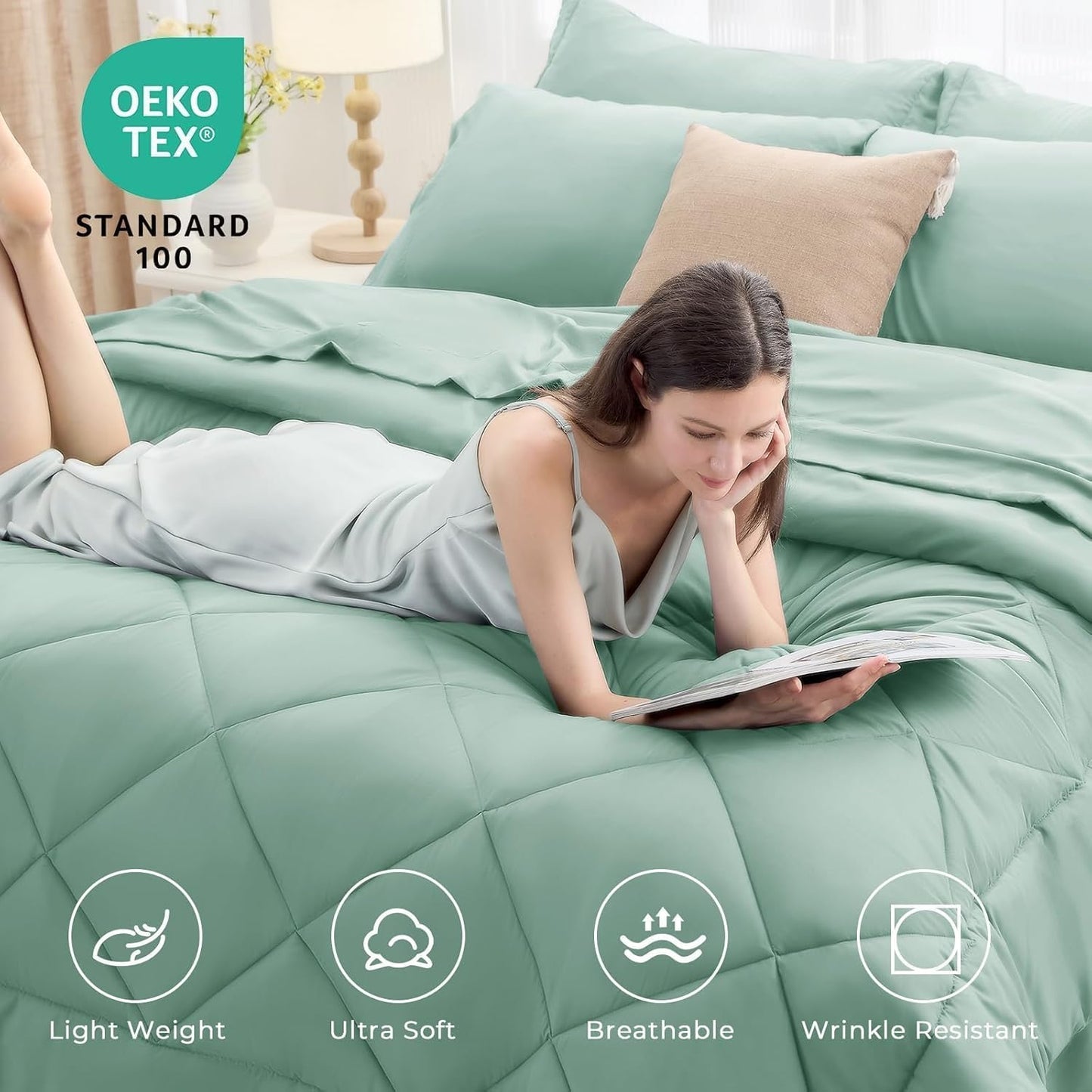 HEVUMYI Sage Green Queen Comforter Set - 7-Piece All Season Bed in a Bag Queen, Ultra Soft Bedding Set with Comforter, Flat Sheet, Fitted Sheet, Pillowcases, Pillow Shams, Sage Green