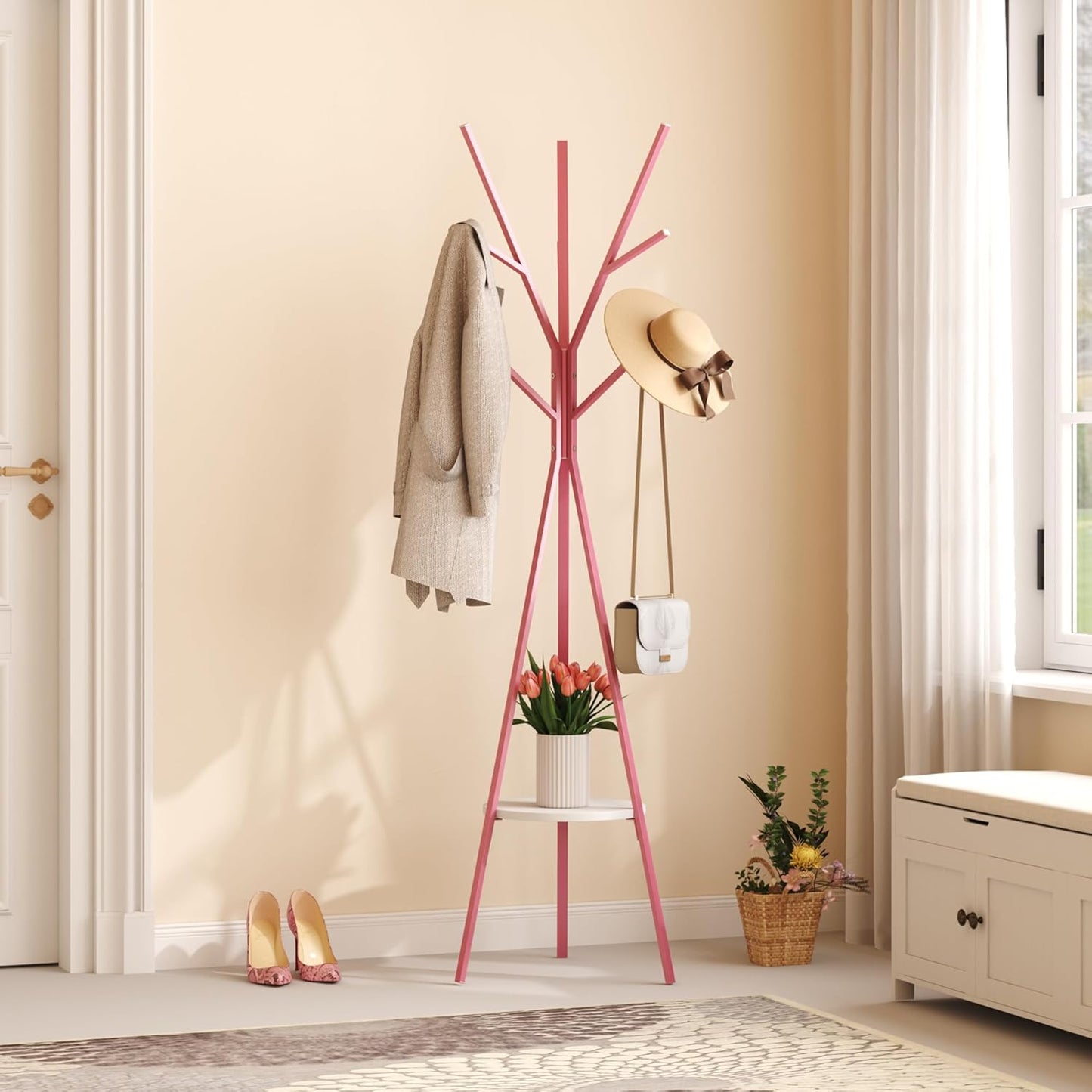 Coat Rack Hat Stand Free Standing Display Hall Tree Metal Hat Hanger Garment Storage Holder with 9 Hooks for Clothes Hats and Scarves (Pink)