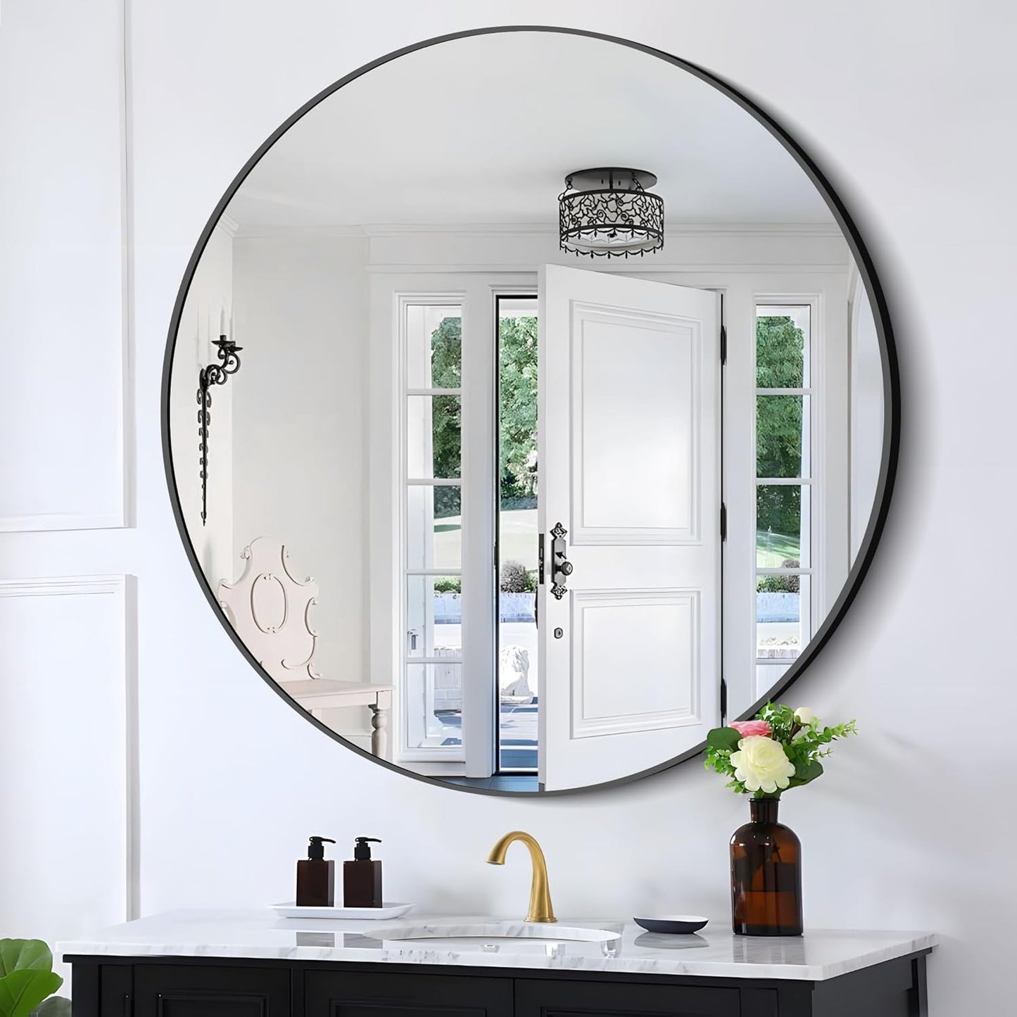 Black 39-Inch Round Mirror - Wall Mounted Aluminum Alloy Metal Frame for Bathroom, Entryway, Living Room, Large Over Sink
