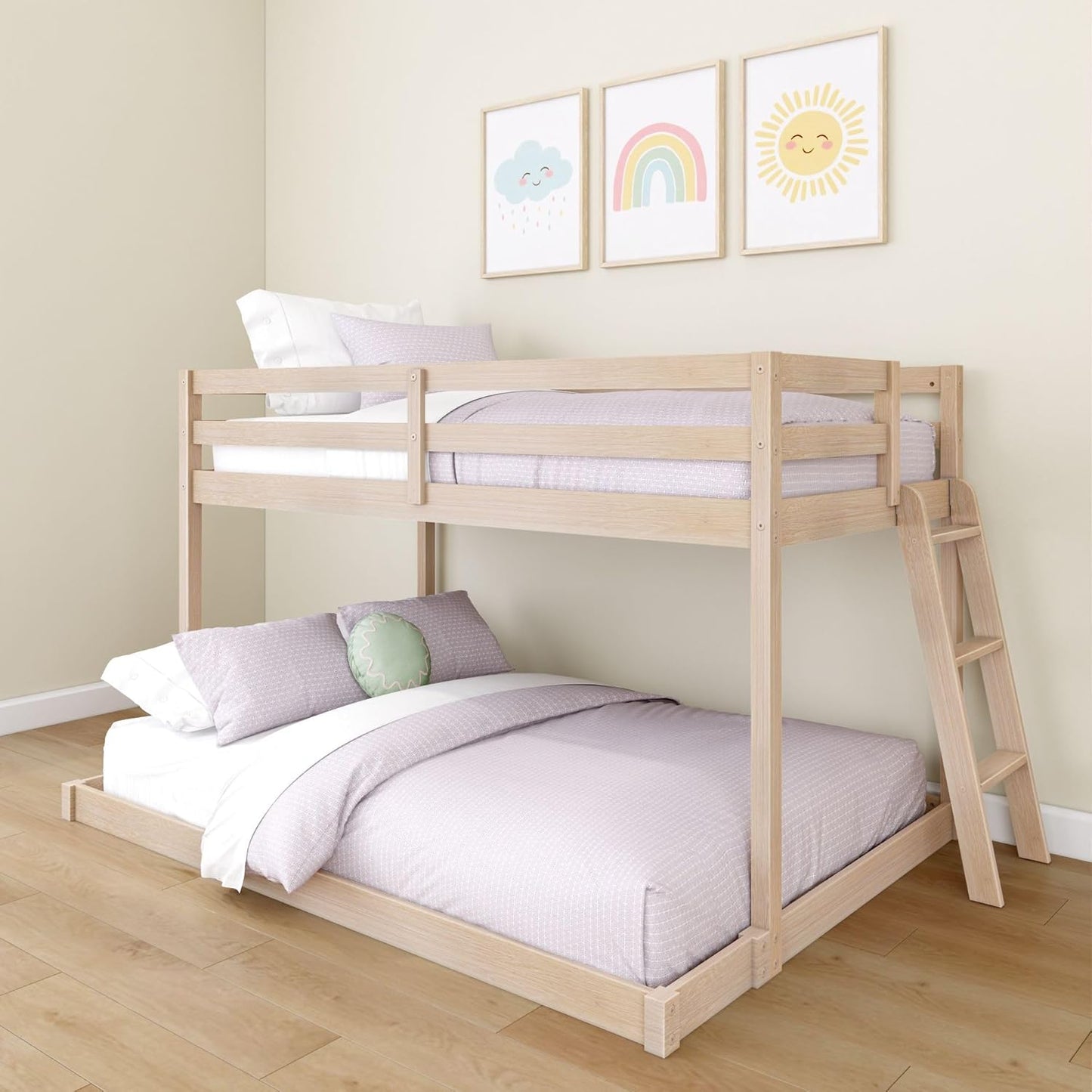 Grain & Grove Bear Twin Over Full Bunk Bed, Low Bunk Bed Frame for Kids, Bunk with Ladder, Guardrail and Slats, No Box Spring Required, Oak Embossed Natural