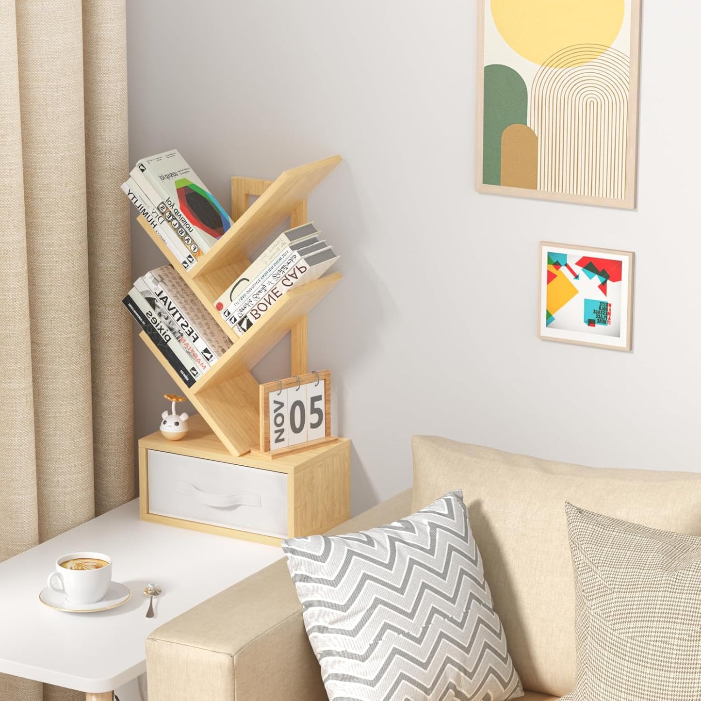 Small Book Shelf with Drawer,4 Tier Black Tree Bookshelf,Wooden Desktop Bookcase,Modern Desk Display Storage Bookshelves,Floor Standing Organizer Bookcases for Living Room,Bedroom,Office