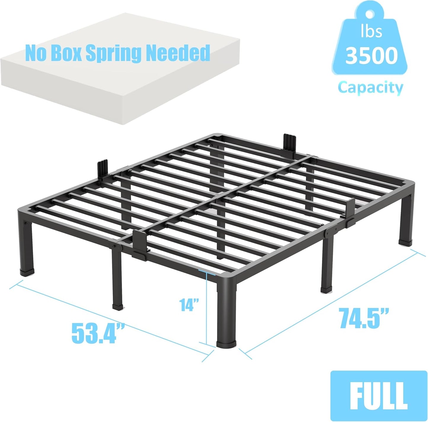 FUIOBYVV Full Size Bed Frame with Round Corner Edge Legs, 14 Inch Heavy Duty Support 3500 lbs Metal Platform Bed Frame Full, No Box Spring Needed/Non-Slip/Steel Slat Support/Noise Free
