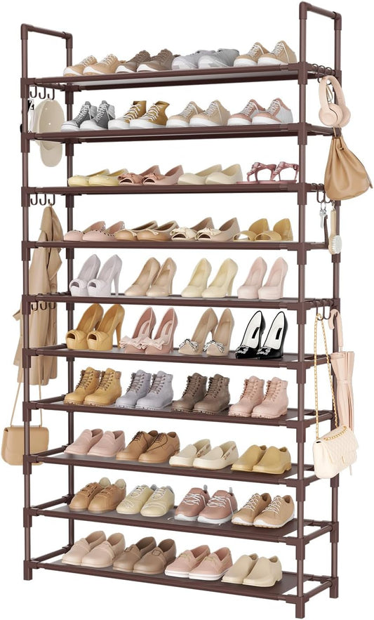 Tall Shoe Rack 10 Tier Shoe Organizer Large Shoe Shelf with 18 Hooks Storage for 50 Pair Sneaker and Boot, Stackable Vertical Shoe Rack Organizer for Closet, Entryway, Bedroom, Brown