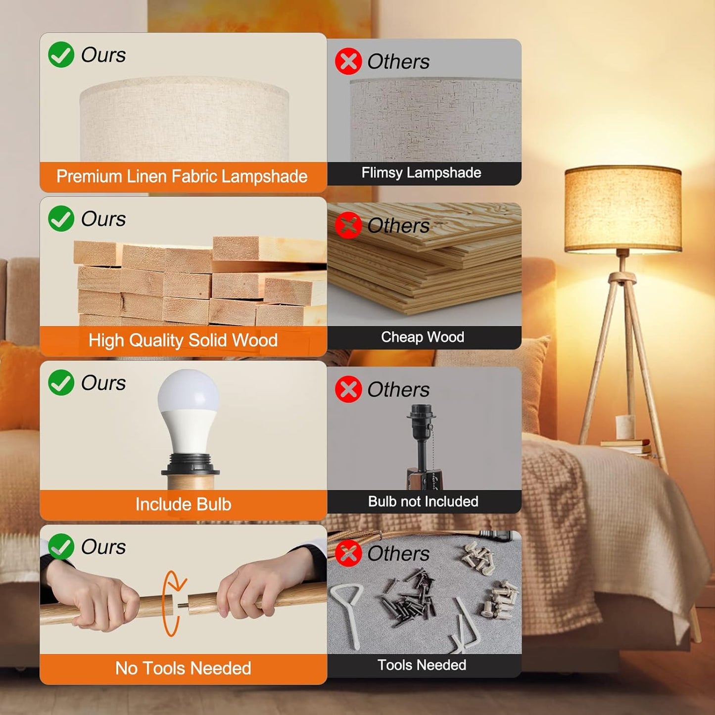 OUTON Wood Tripod Floor Lamp with Shelves, Mid Century Floor Lamp with Remote Control,4 Color Temperature, LED Modern Dimmable Standing Lamp with Beige Linen Shade for Living Room, Bedroom, Office