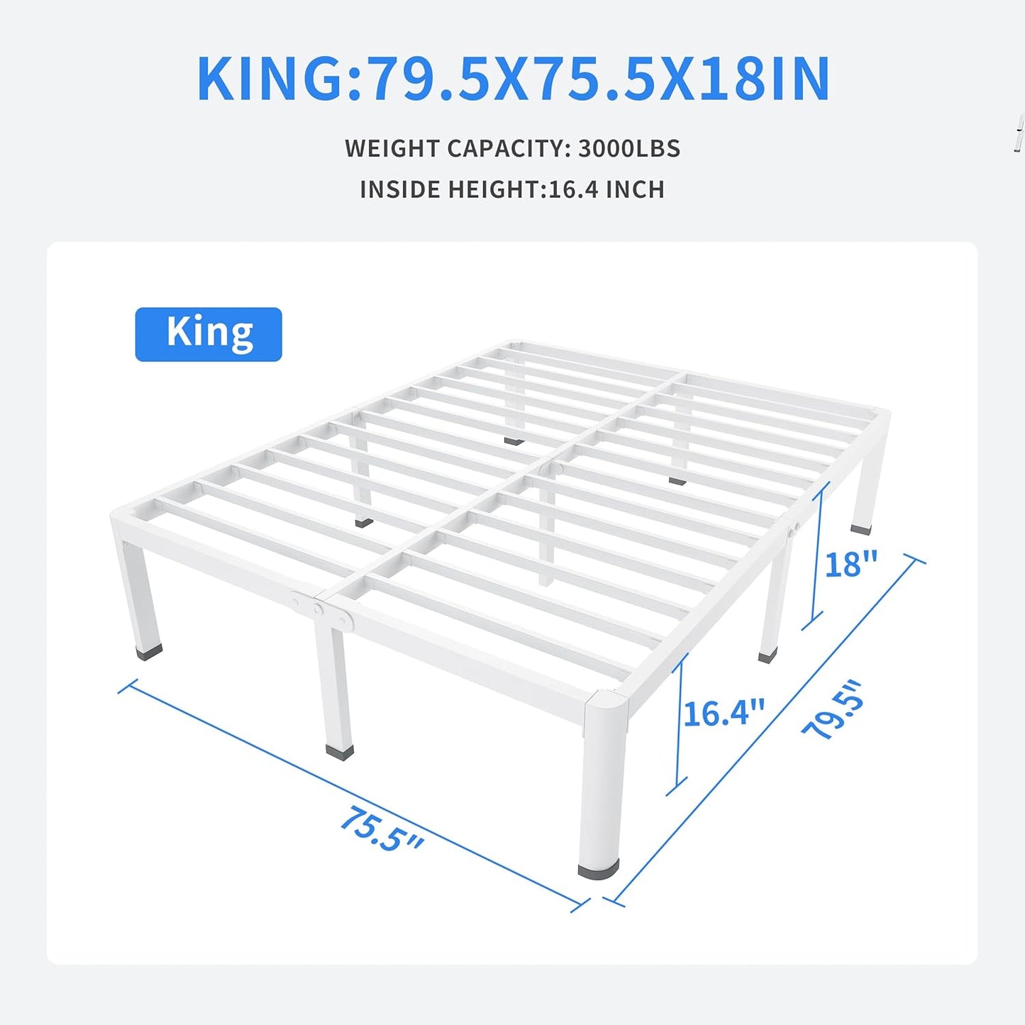 MAF 18 Inch King Size Bed Frame White with Round Corner Legs Mattress Slide Stopper No Box Spring Needed Heavy Duty Metal Platform Bed Frames Under-Bed Storage Space, 3000 LBS Steel Slats Support